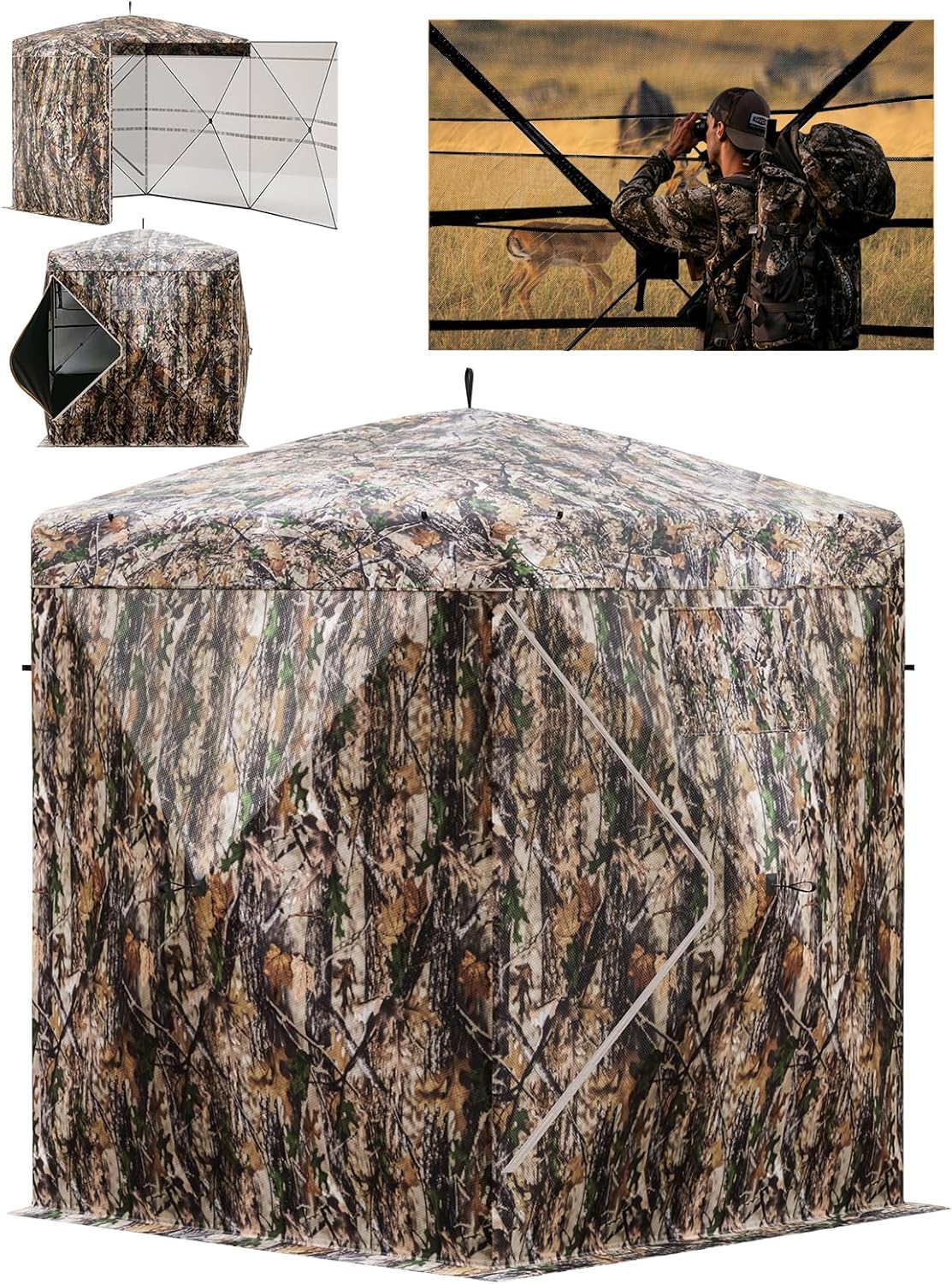 270° Camouflage Hunting Blind Portable Pop-Up Tent with Shoot-Through Mesh, Waterproof Ground Blind for Deer Hunting, 2-3 & 3-4 Person Capacity & Carry Bag