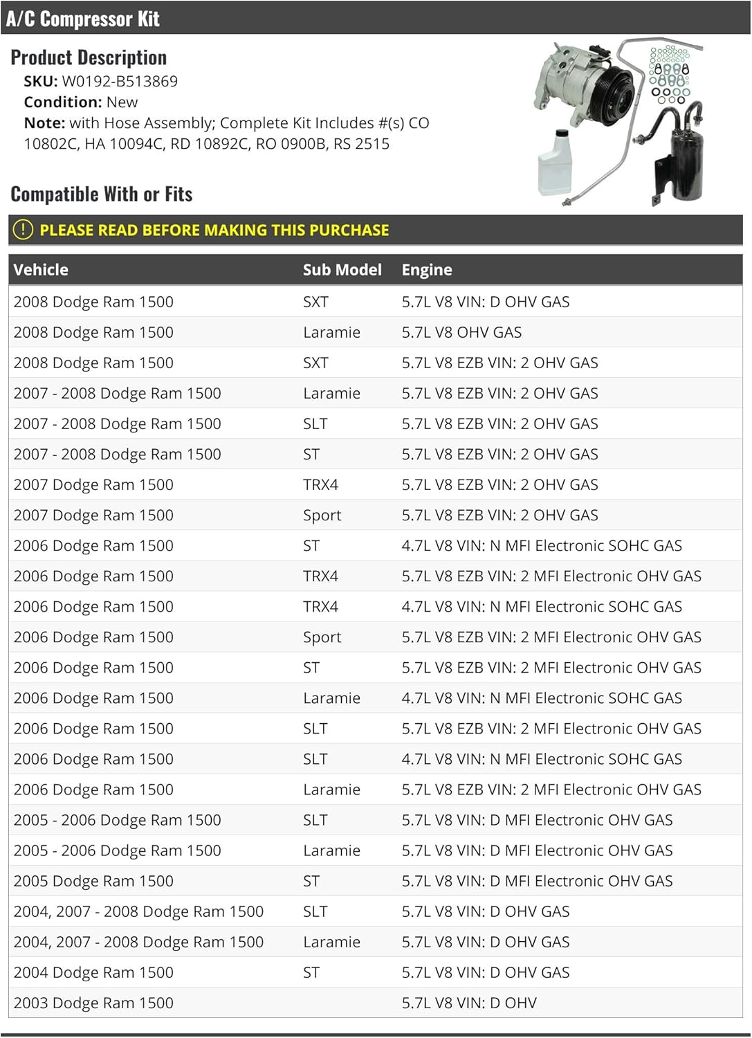 A/C Compressor Kit with Hose Assembly - Compatible with 2003-2008 Dodge Ram 1500