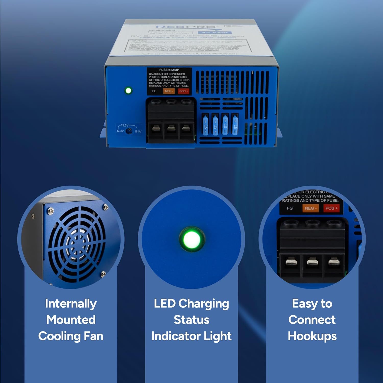 RecPro RV Converter 45 Amp | RV Power Converter & Battery Charger | 4 Stage Smart Charging | 120VAC to 12VDC | 13V to 16.5V Operating Range
