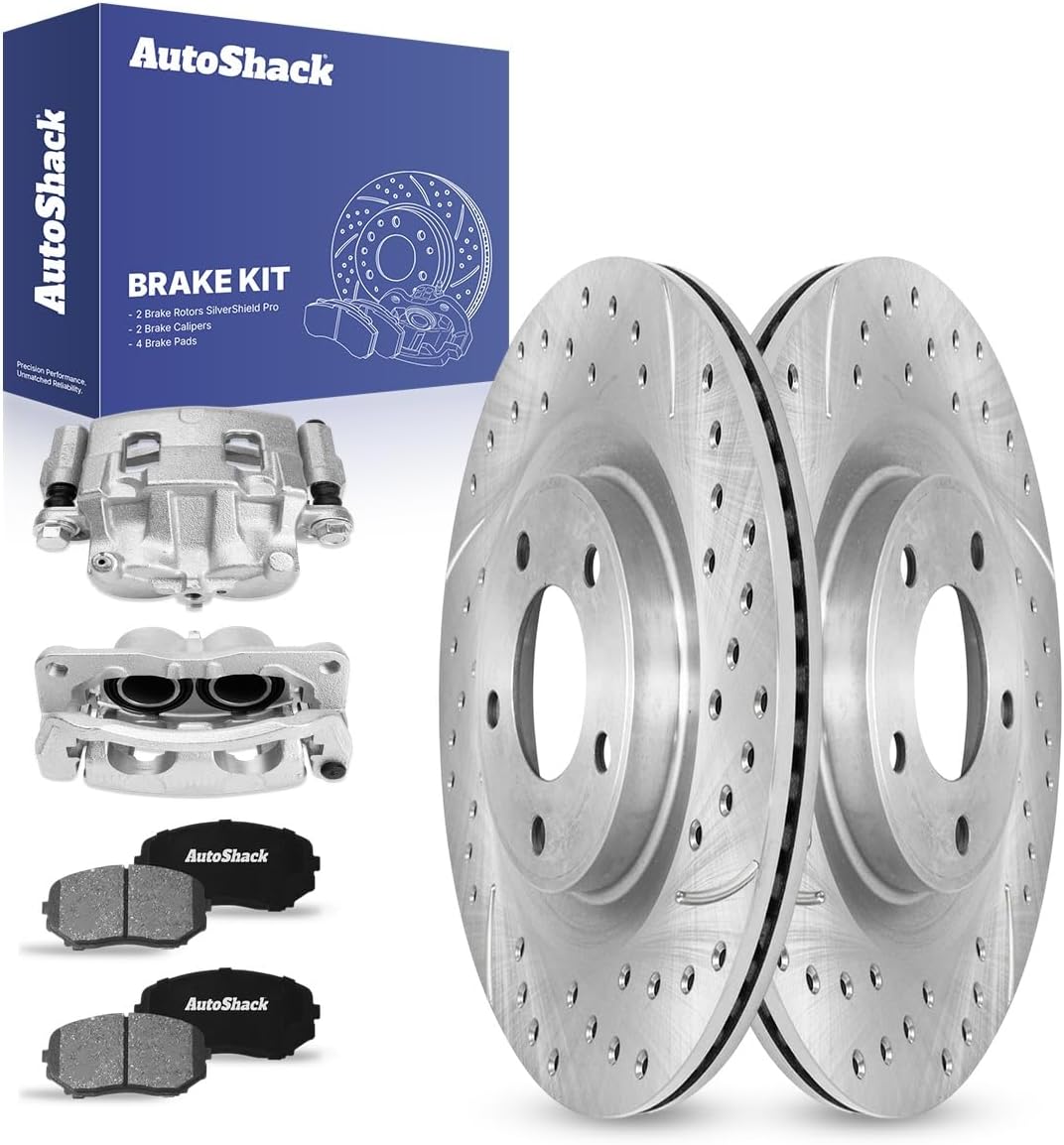 AutoShack Front Drilled & Slotted Brake Rotors Ceramic Brake Pads Calipers | Replacement for 2011-2014 Ford Edge 2011-2012 Lincoln MKX AWD FWD | Silver Zinc Coated | 8-PC Brake Kit | SilverShield Pro