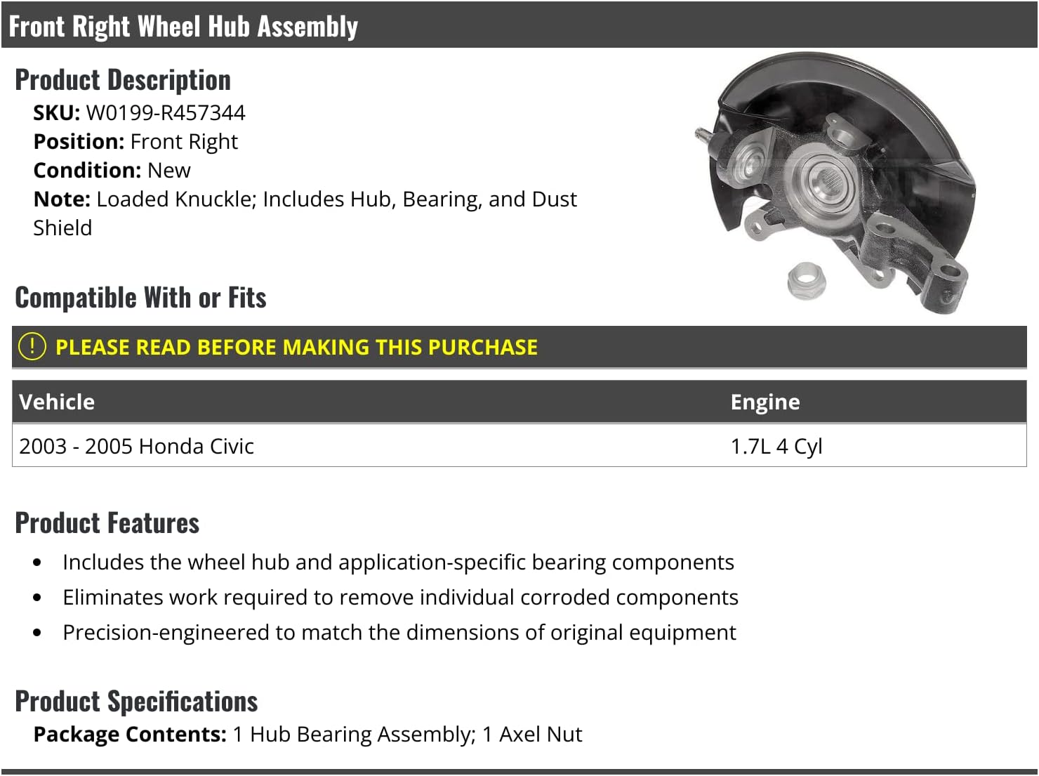Front Right Passenger Side Wheel Hub Bearing and Steering Knuckle Assembly - Compatible with 2003-2005 Honda Civic 1.7L 4-Cylinder