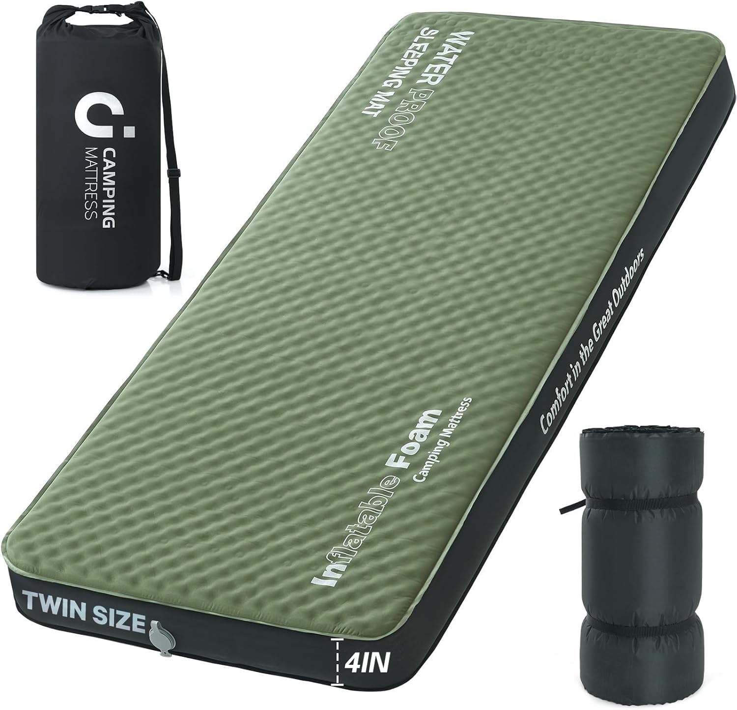 Self Inflating Sleeping Pad, 4in Ultra-Thick Foam Camping Mattress with Air Pump Sack, Sleeping Mat for Adults Inflatable Camping Pad Mattress, Single Cot Bed, Travel, Car, Tent, Home