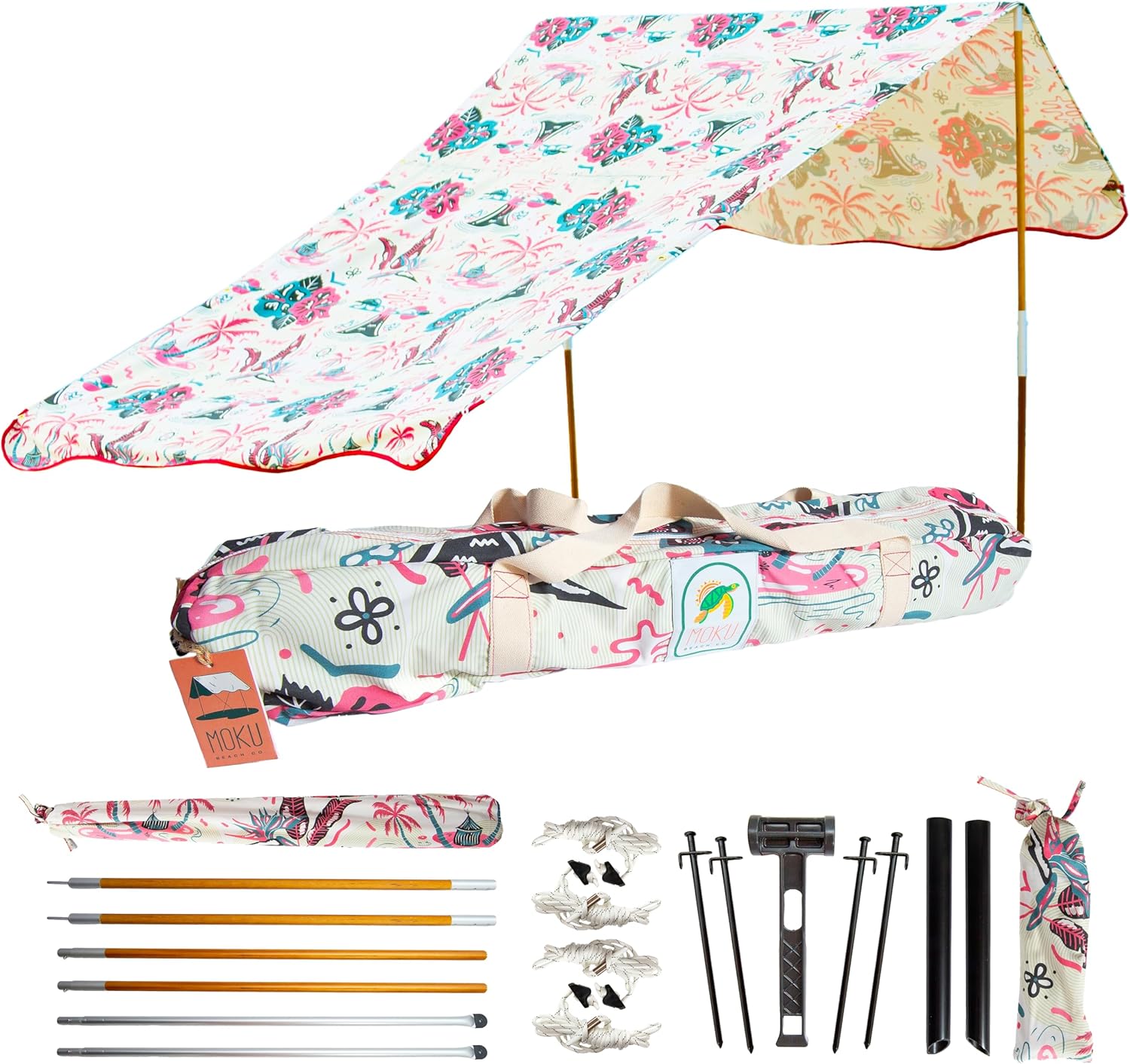 UPF 50+ Portable Beach Canopy Tent Set - 3-Step Assembly, Vintage Hawaii - Includes Bag, Poles, Stakes & Hammer - Ideal Sun Shade for Beach, Easy and Convenient