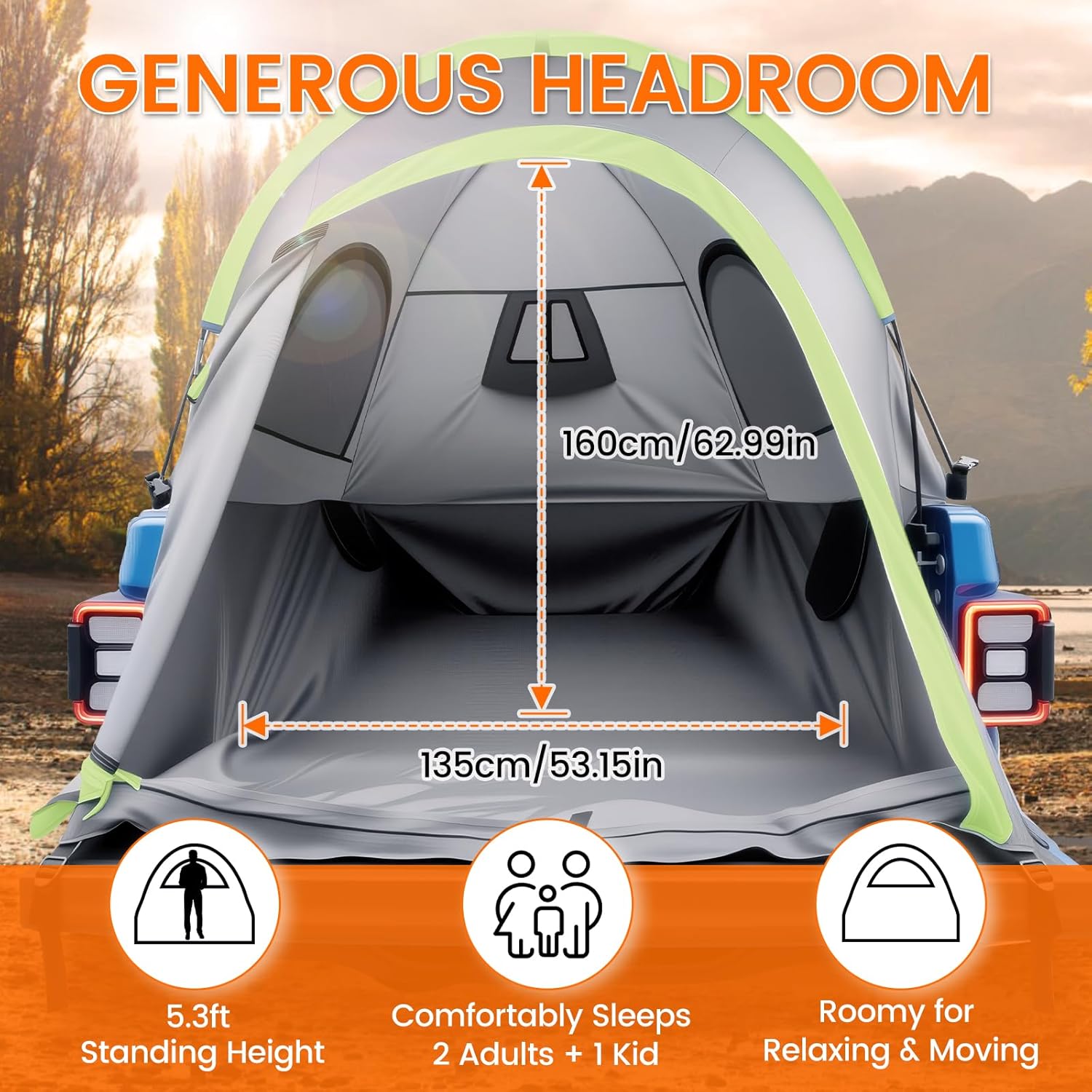 Pickup Jeep Truck Bed Tent, Tacoma Bed Tent, Tacoma Tent for 2 Person, Waterproof PU2000mm Double Layer with Rainfly, Full-Size Compact