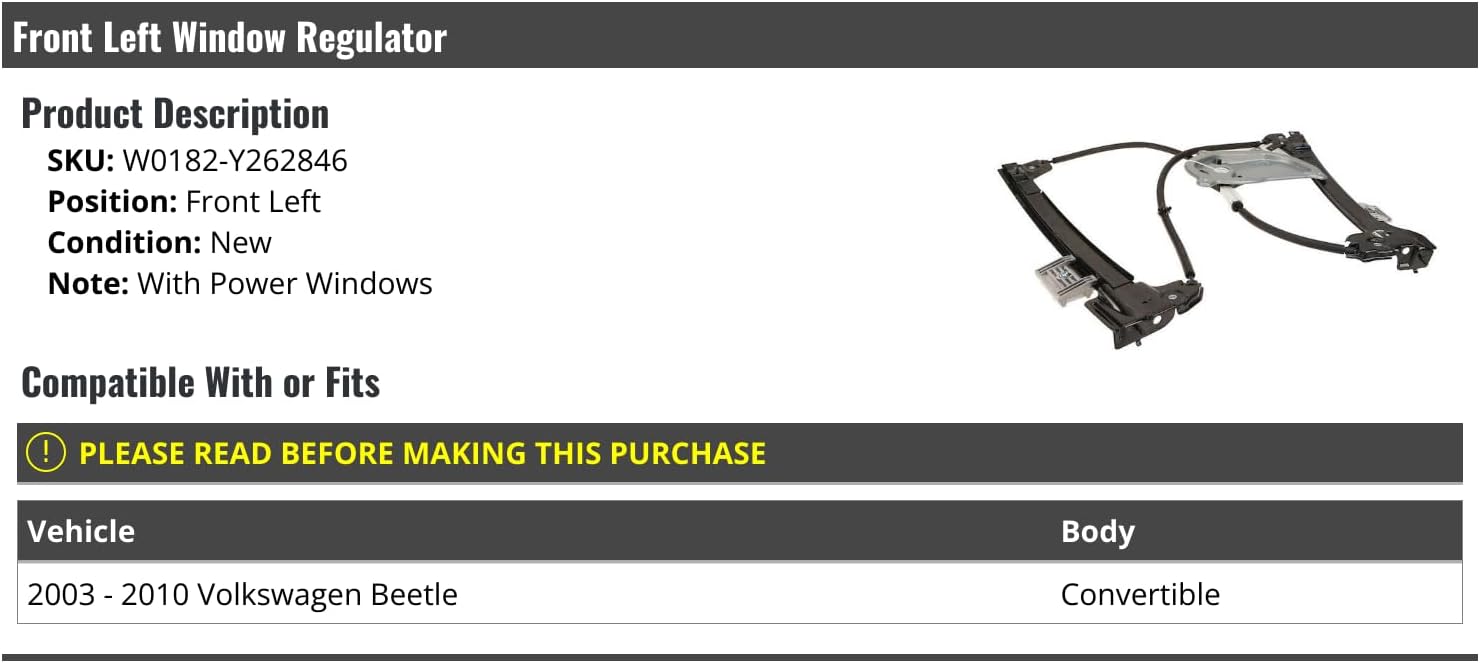 Front Left Driver Side Power Window Regulator - Compatible with 2003-2010 Volkswagen Beetle Convertible