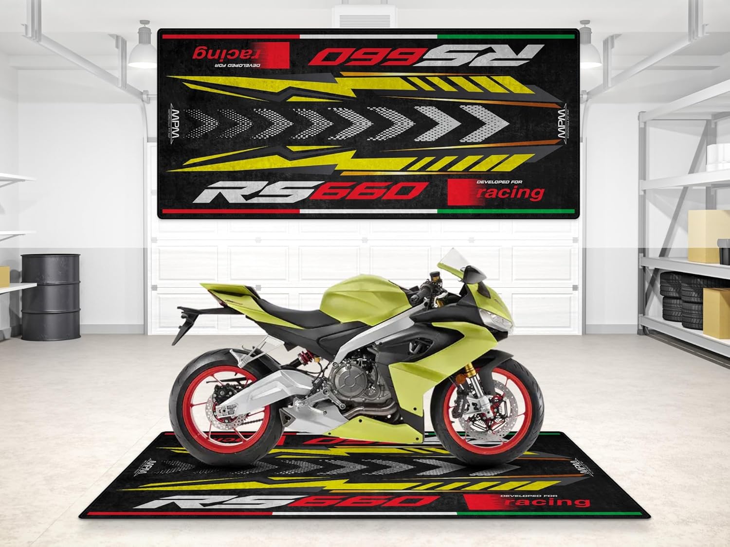 MPM Motorcycle Mat for RS 660 Washable Non-Slip Oil & Water Resistant Parking Pitmat for Garage, Showroom, Workshop Use | Blue Marlin - Size 1: 86.6 x 39.4/220 x 100 cm
