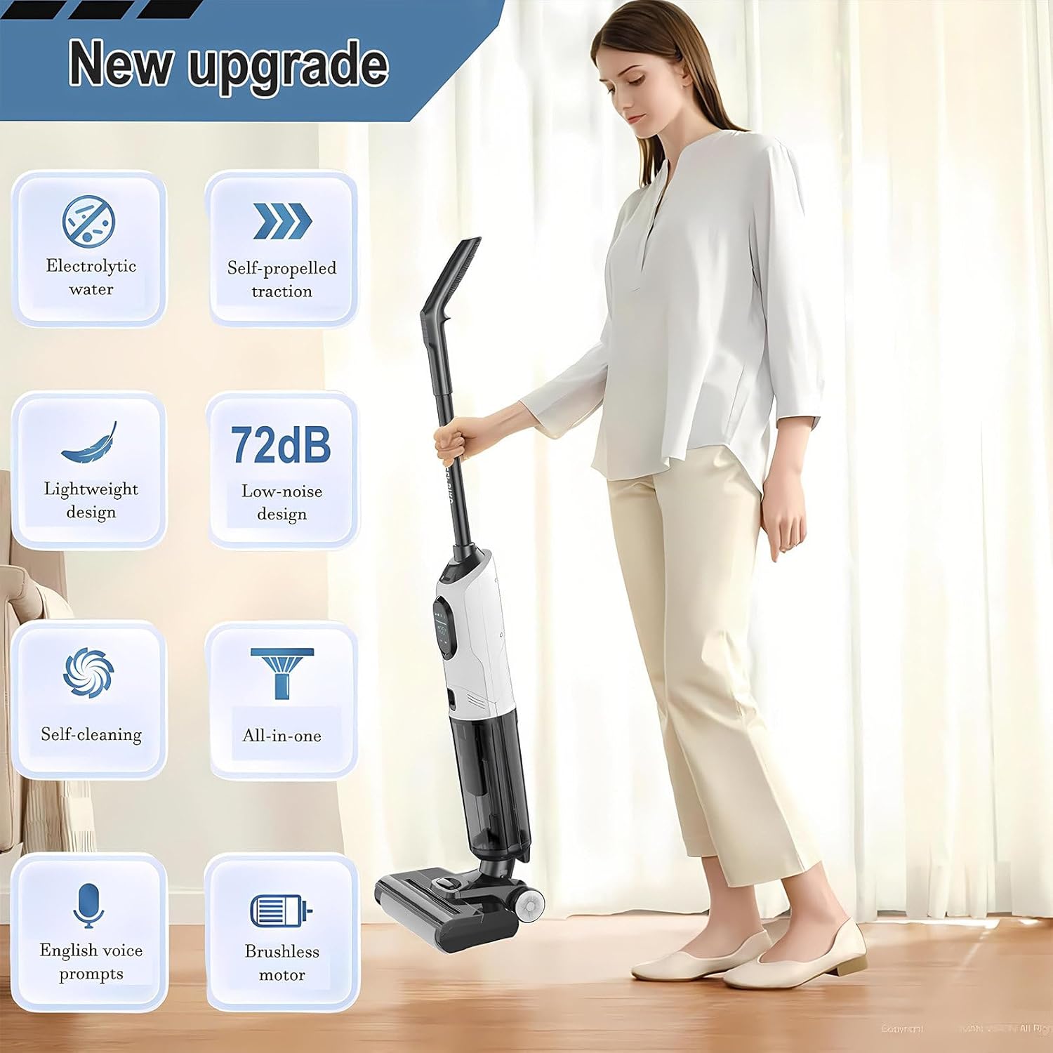All-in-One Wet Dry Vacuum Mop, Cordless Floor Cleaner, Brushless Motor, Multi-Surface Cleaning, One-Click Self-Cleaning, English Voice Prompt, Pet Hair Vacuum Standard