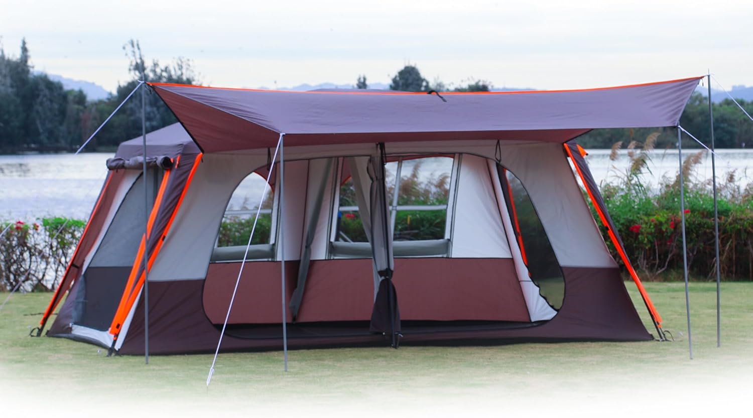 KTT Extra Large Tent 6-10-12-14 Person(Style-B),Family Cabin Tents,2 Rooms,3 Doors and 3 Windows with Mesh,Straight Wall,Waterproof,Double Layer,Big Tent for Outdoor,Picnic,Camping,Family Gathering