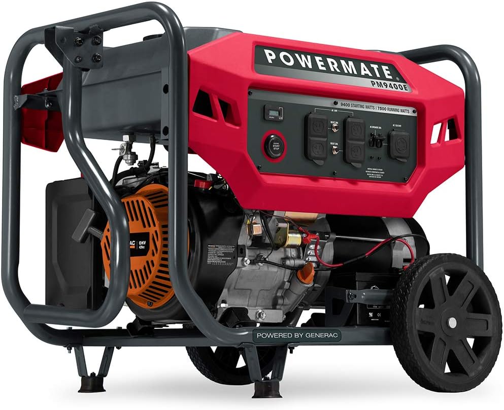 Powermate PM9400E 9,400-Watt Gas-Powered Portable Open Frame Generator - Quiet Electric Start - Ideal for Home, Camping, RV and Outdoor Activites - Engine Powered by Generac - 49 State/CSA - Red/Black
