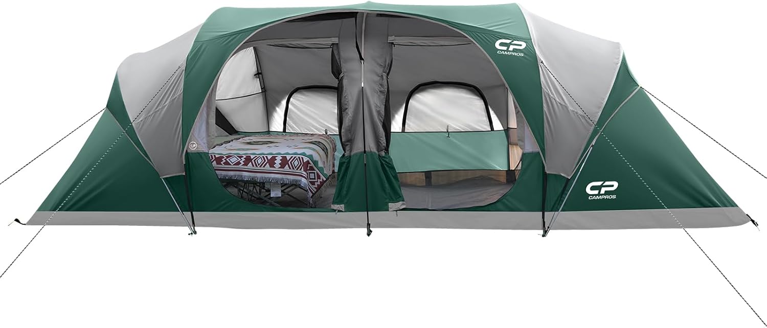 CAMPROS CP Tent 12-Person-Camping-Tents,3 Room Family Tents,Waterproof Windproof Family Tent with Top Rainfly,6 Large Mesh Windows,Double Layer,Easy Set Up, Portable with Carry Bag-20' x 9' x 72