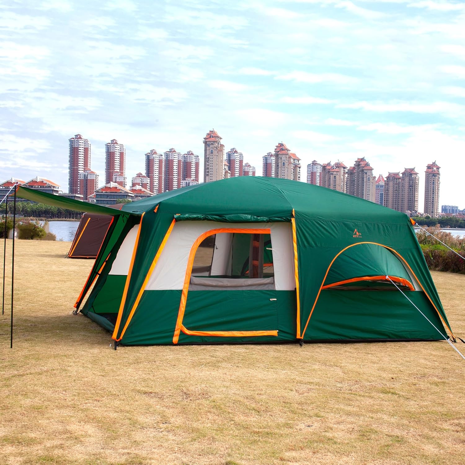 KTT Large Family Cabin Tent 10-12 Person,14.1X10X6.58ft,2 Rooms,3 Storage Pockets,2 Bay-Windows 3 Doors and 3 Windows with Mesh,Straight Wall,Waterproof,Double Layer,Big Tent for Outdoor,Camping