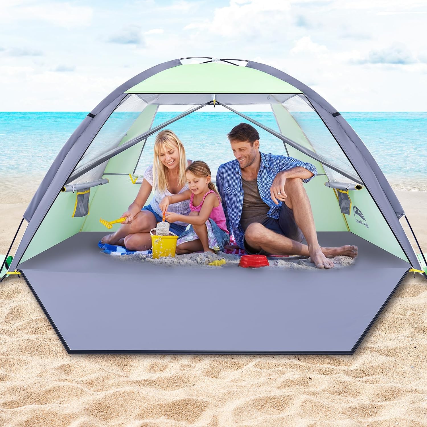 Happy Travel Beach Tent, UPF 50+ UV Protection Sun Shade Shelter for 3/4/5/6/7/8 Person, Portable Beach Canopy for Family & Baby, Lightweight & Easy Setup Beach Cabana with 3 Ventilation Mesh Windows