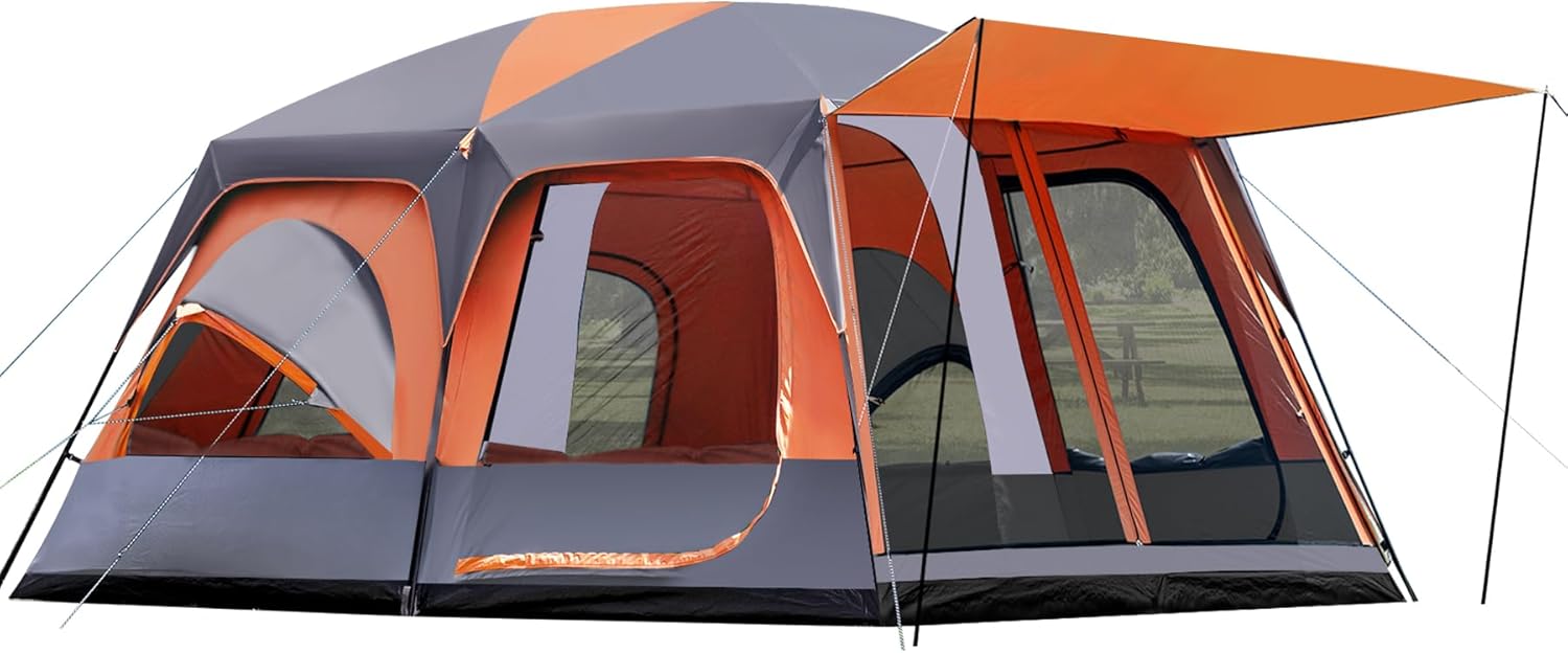 8–10-12 Person Camping Tent, 2 Room Family Tent with Zippered Divider, Porch, Rainfly, Extra Large Waterproof Cabin Tent with 3 Mesh Doors & Windows, Easy Setup 7.1 ft Tall Tent for Outdoor Camping