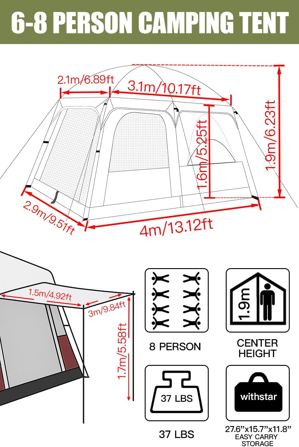 Camping Tents, 4-8 Person Stand Up Tent, Straight-Wall Design, with Full-Coverage PU-Coated All-Around Tents for Camping, Hiking, Picnic, Bivy
