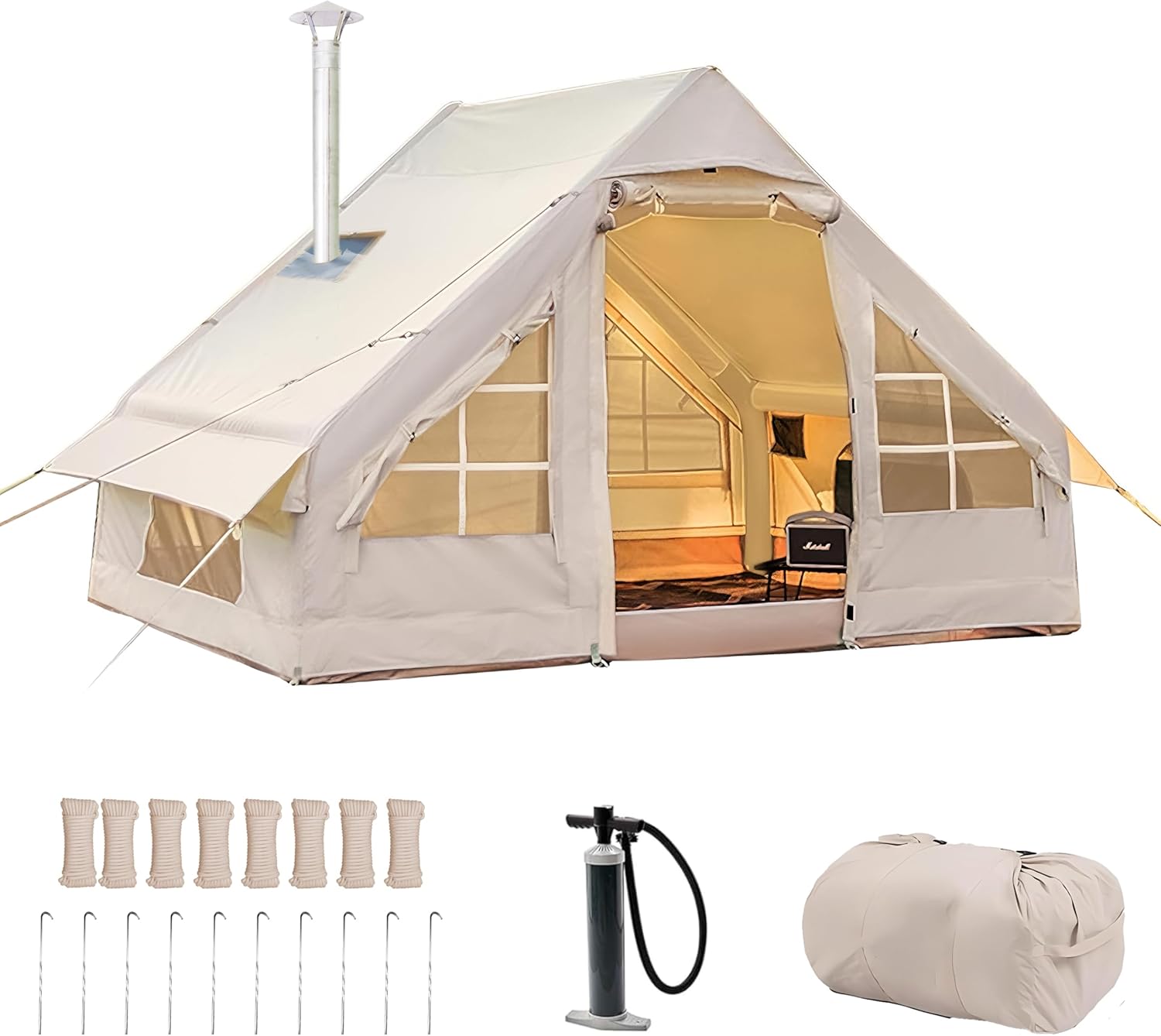 Inflatable Tent, Outdoor Easy Setup Inflatable Tents for Camping, Portable Blow Up Tent with Stove Jack, Cotton Canvas Material for Glamping, for 4 Season, 4/6/8/10 Person Use