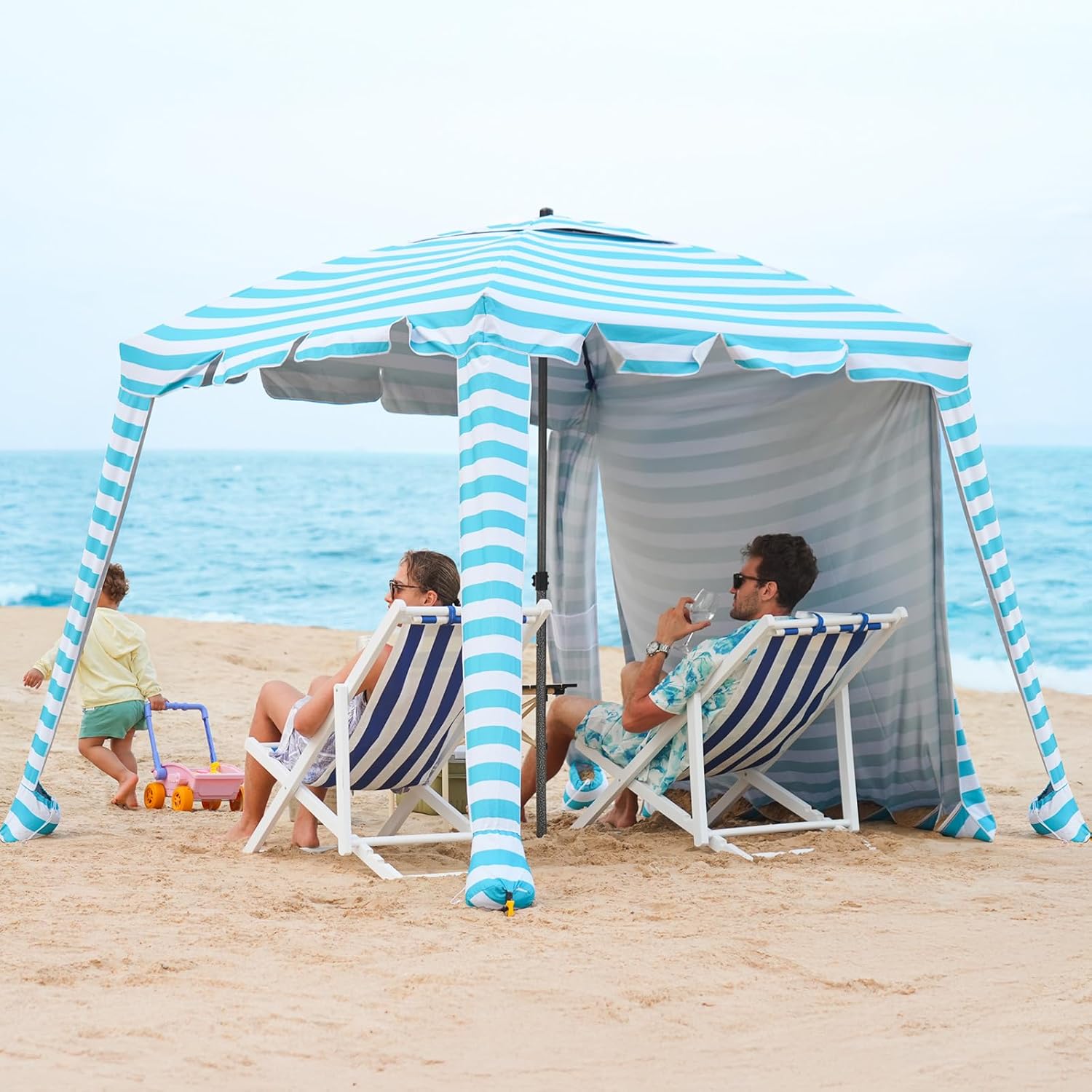 Beach Cabana - 6FT Beach Umbrella with UPF 100+ UV Protection & Sunshade Curtain - Waterproof Tent - Portable Shade, Easy to Set Up, Perfect for Family & Friends, Navy Blue
