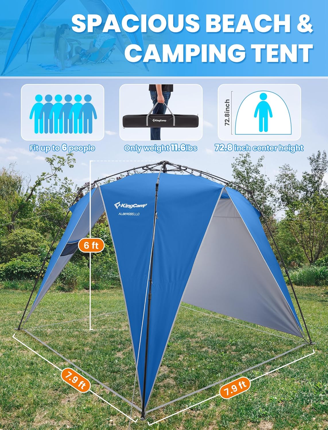 KingCamp Pop Up Canopy, Beach Tent for 6-8 Person 7.9' x 7.9' Outdoor Sun Shade with Detachable Sunshade for Camping, Beach, Garden & Backyard