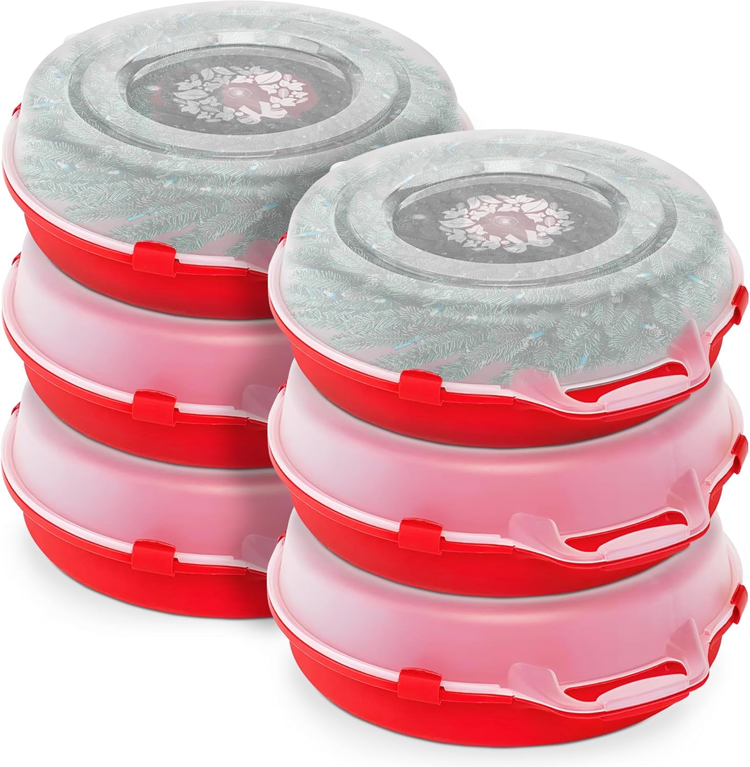 HOMZ 6-Pack Seasonal Holiday, Decorative Wreath Storage Organizer, 24 Inch, Red & Clear - Stackable Plastic Containers for Christmas Ornament Decorations