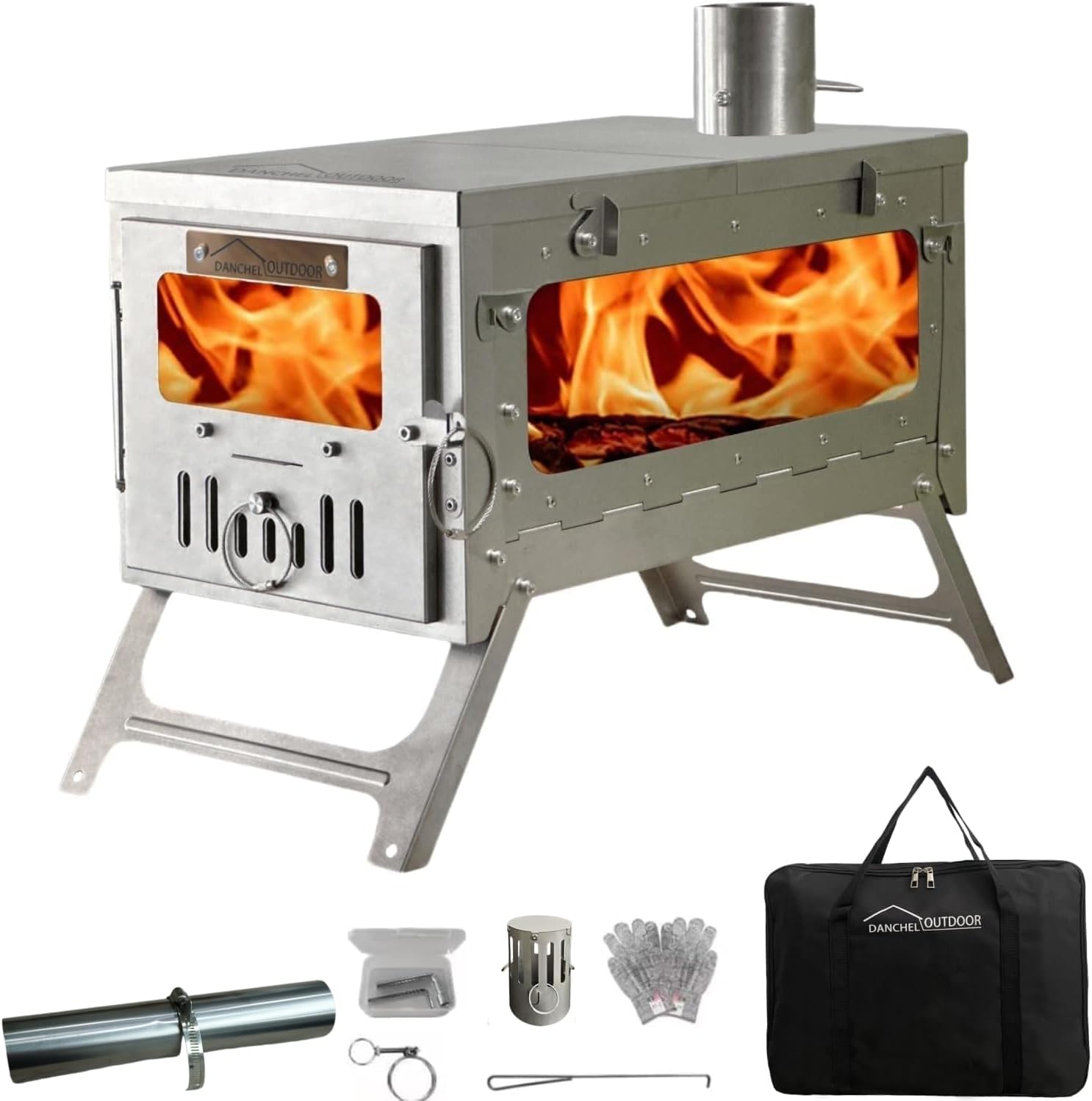 DANCHEL OUTDOOR TSG Hot Tent Stove, TA1 Titanium Wood Stove for Backpacking, Lightweight Folding Portable Camping Stove with Roll-Up Chimney Pipe (Small/Large Size)