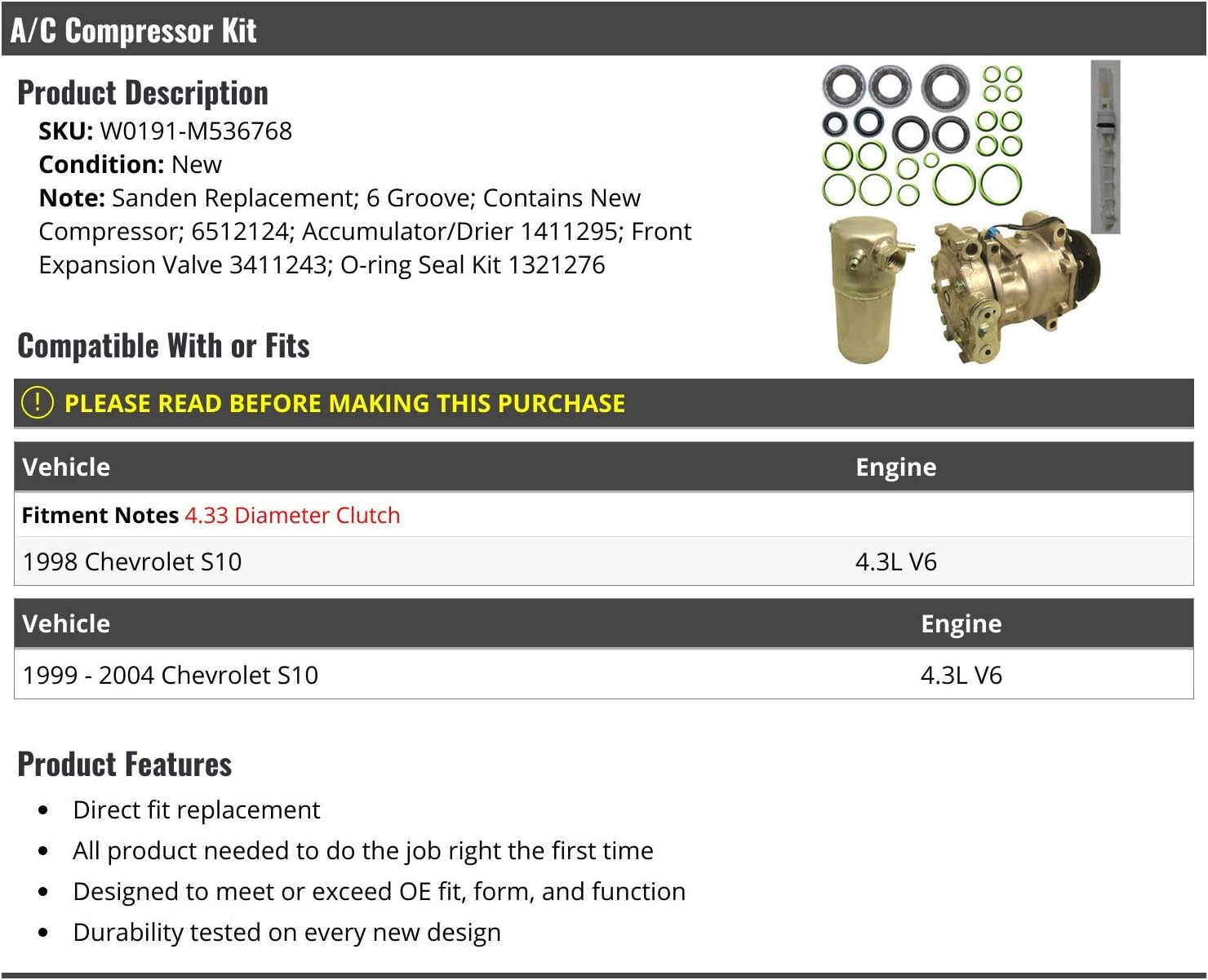 A/C Compressor Kit with Compressor Accumulator Front Expansion Valve and O-Ring Seal - Compatible with 1998-2004 Chevy S10 4.3L V6