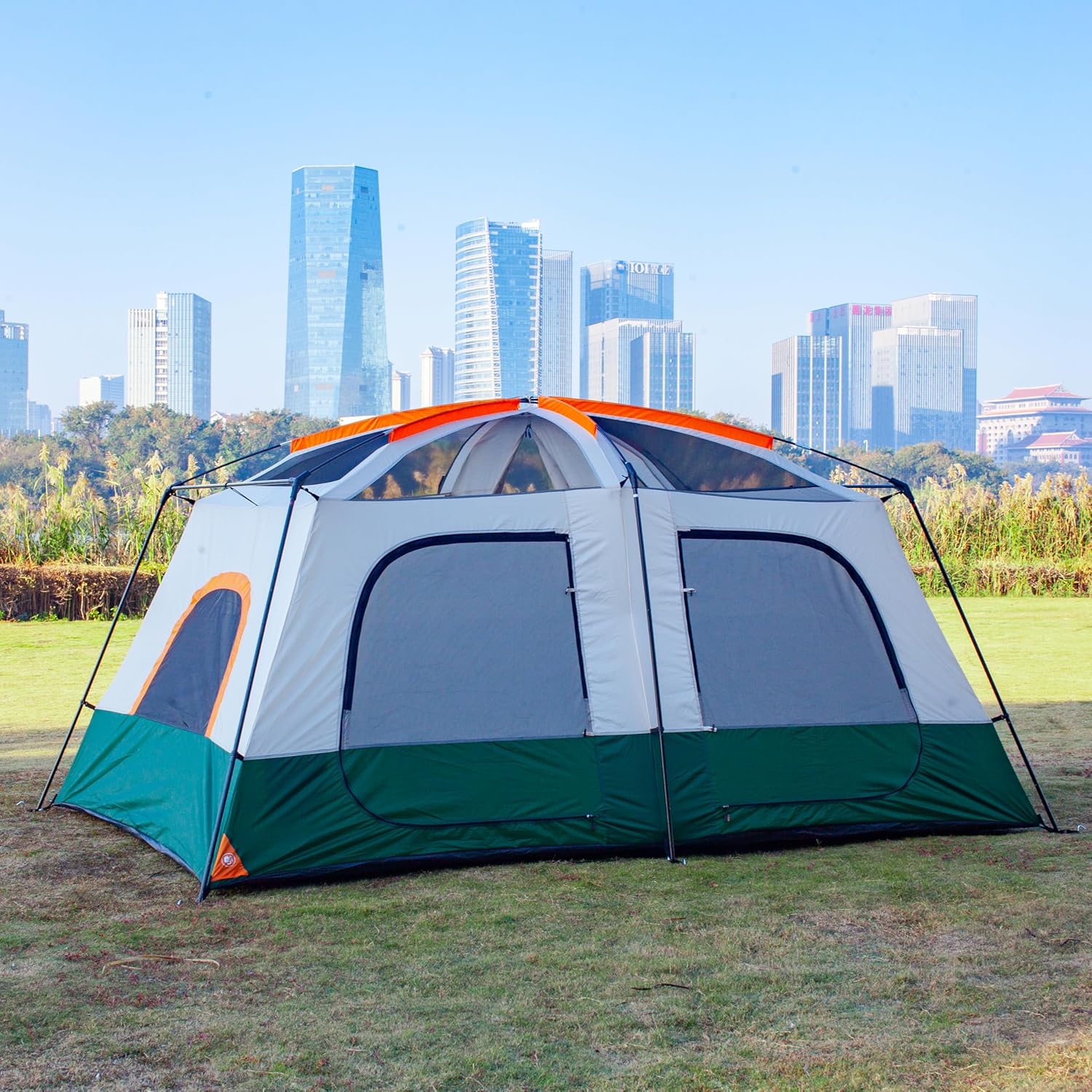 KTT Large Family Cabin Tent 10-12 Person,14.1X10X6.58ft,2 Rooms,3 Storage Pockets,2 Bay-Windows 3 Doors and 3 Windows with Mesh,Straight Wall,Waterproof,Double Layer,Big Tent for Outdoor,Camping