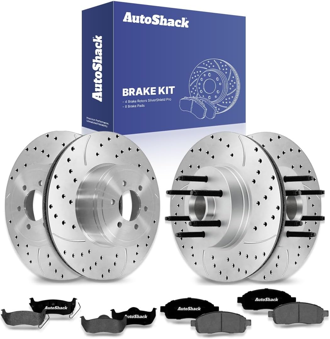 AutoShack Front & Rear Drilled & Slotted Brake Rotors Ceramic Brake Pads | Replacement for 2004-2008 Ford F-150 2006-2008 Lincoln Mark LT RWD | Silver Zinc Coated | 12-PC Brake Kit | SilverShield Pro