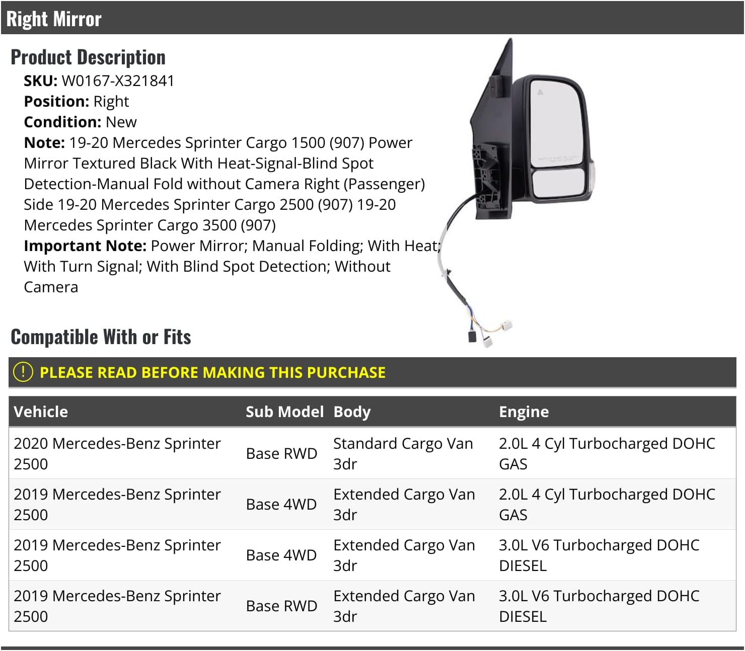 Right Passenger Side Power Mirror - Textured Black - with Heated Glass, Turn Signal, and Blind Spot Detection - without Camera