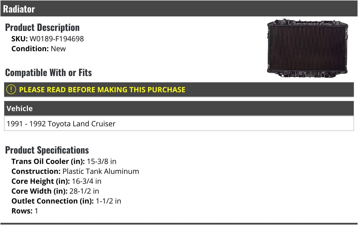 Radiator - Compatible with 1991-1992 Toyota Land Cruiser