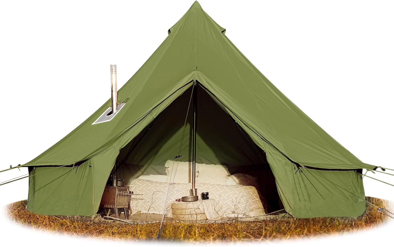 Cotton Canvas Bell Tent, Waterproof Large Tents with Sturdy Center & Door Pole and Space for 4/6/8 Person All 4 Season Camping Yurt Tent