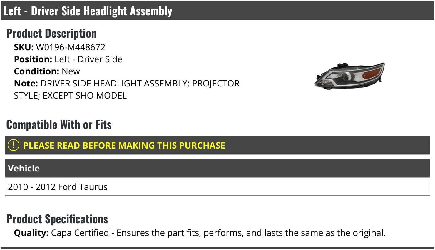 Left Driver Side Headlight Assembly - Projector Style - Compatible with 2010-2012 Ford Taurus (Excludes SHO Model)