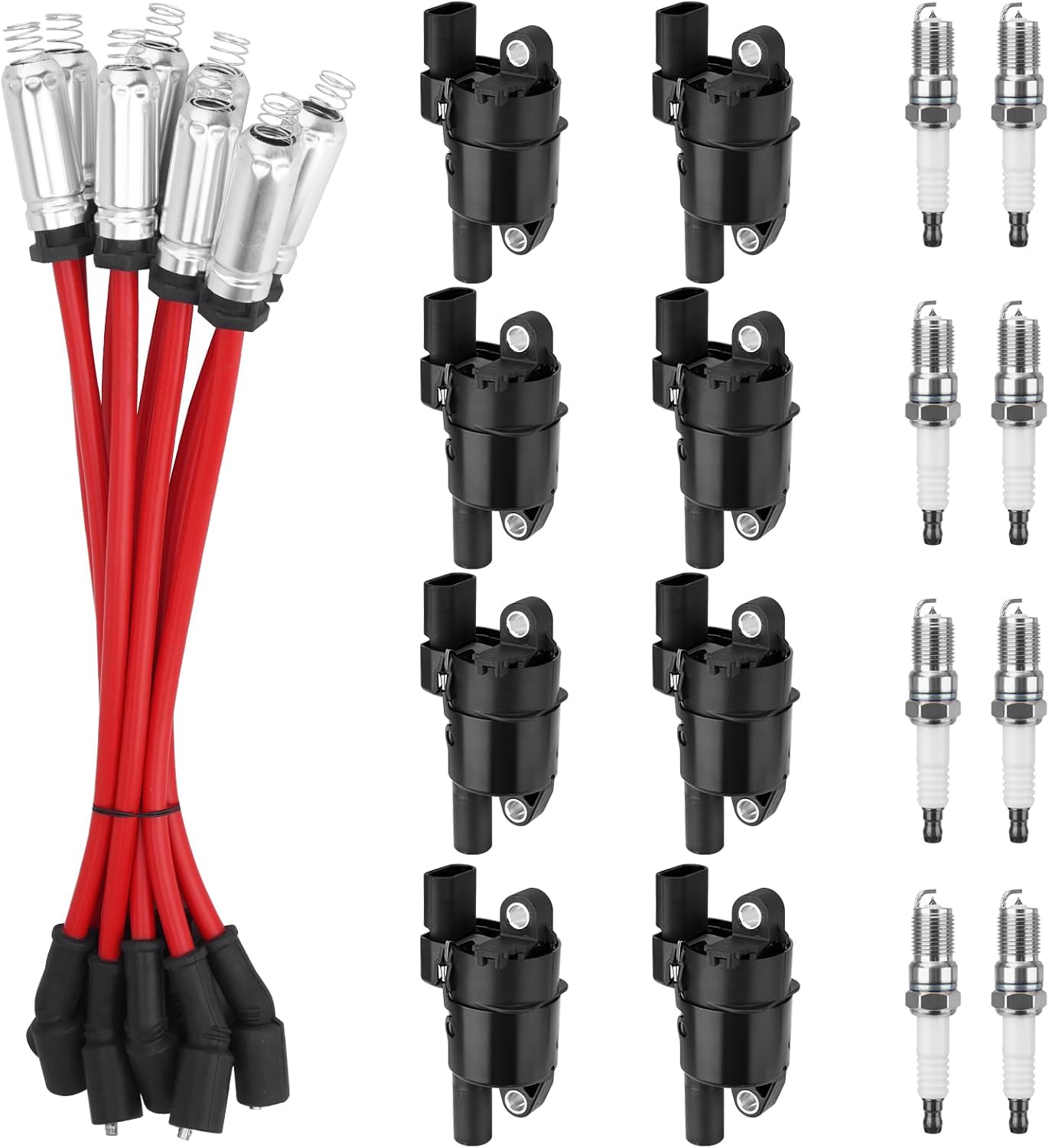 8Pcs UF414 Round Ignition Coils with 10.4mm Silicone Spark Plug Wires Set & 41-110 Iridium Spark Plugs Compatible with Chevy Silverado Suburban Tahoe, GMC Sierra Yukon, Cadillac, Buick 4.8L 5.3L 6.0L