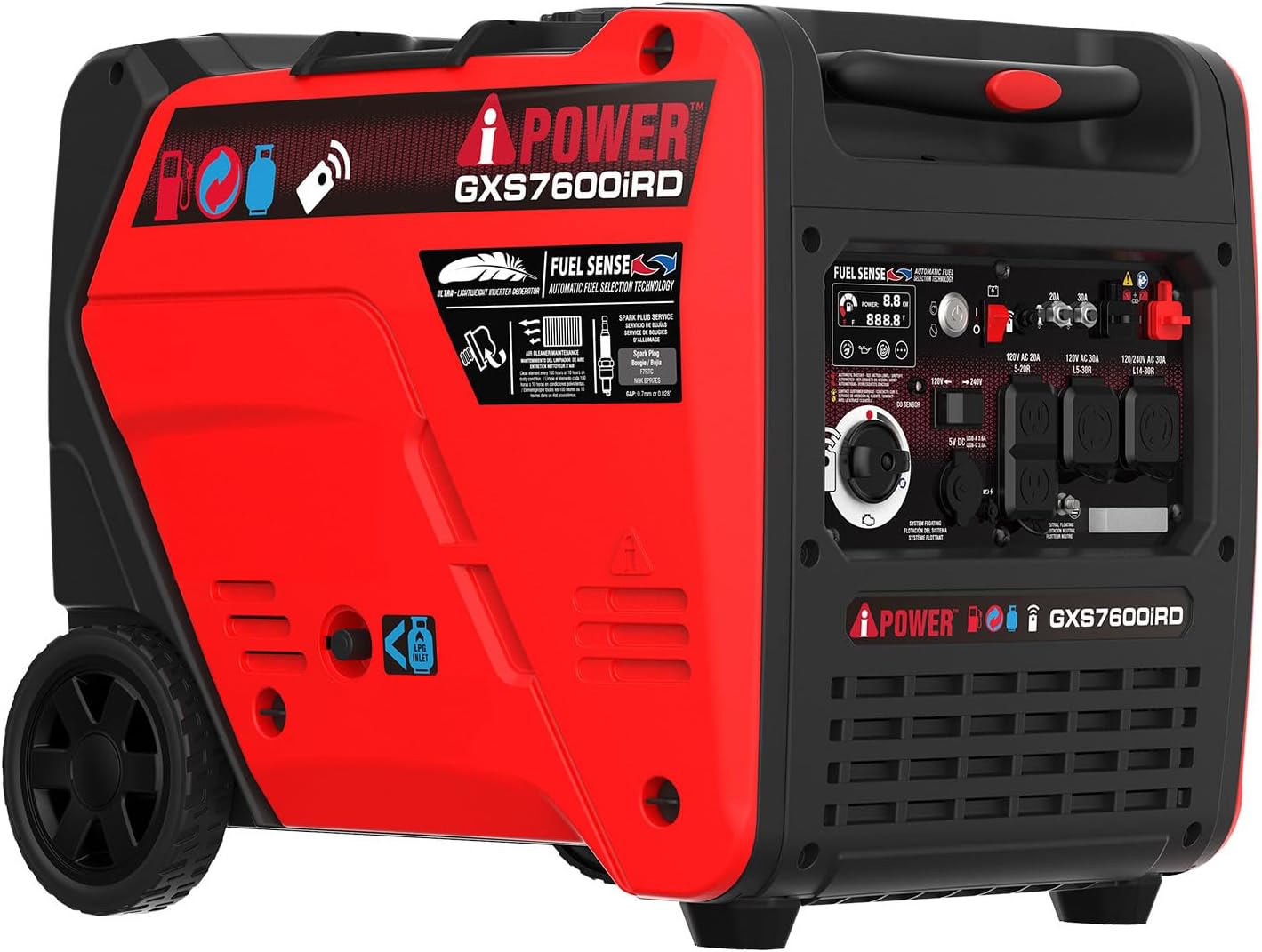A-iPower 7600-Watt Dual Fuel Inverter Generator Remote Start, Power Supplies with 322cc OHV Engine, CO Sencsor, Gas and Propane Powered, for Backup Home Use, Tailgating, RV, Power Outages(GXS7600iRD)