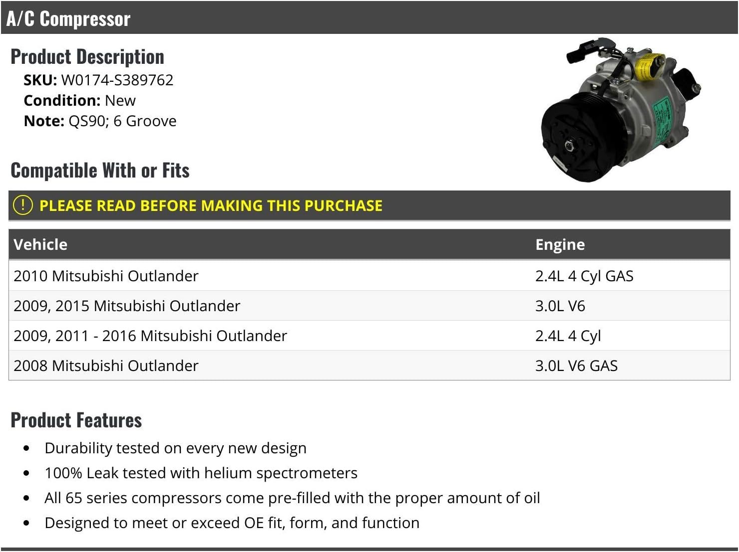 A/C Compressor - Compatible with 2008-2016 Mitsubishi Outlander