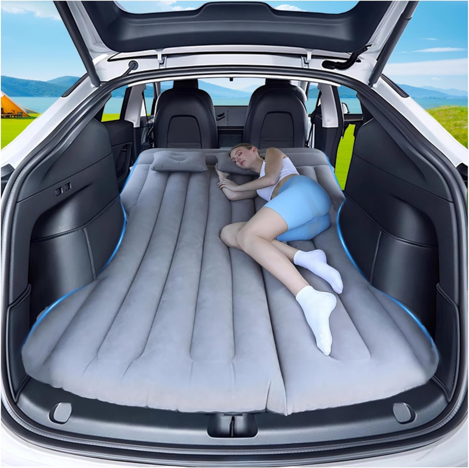 Car Air Mattress - Camping Bed Inflatable Airmattress for Tesla Model Y Backseat Trunk, 6.4FT Foldable Pad Portable Car Air Bed Sleeping Mat for SUV RV VAN Truck Travel Tent Road Trip Home (Grey)