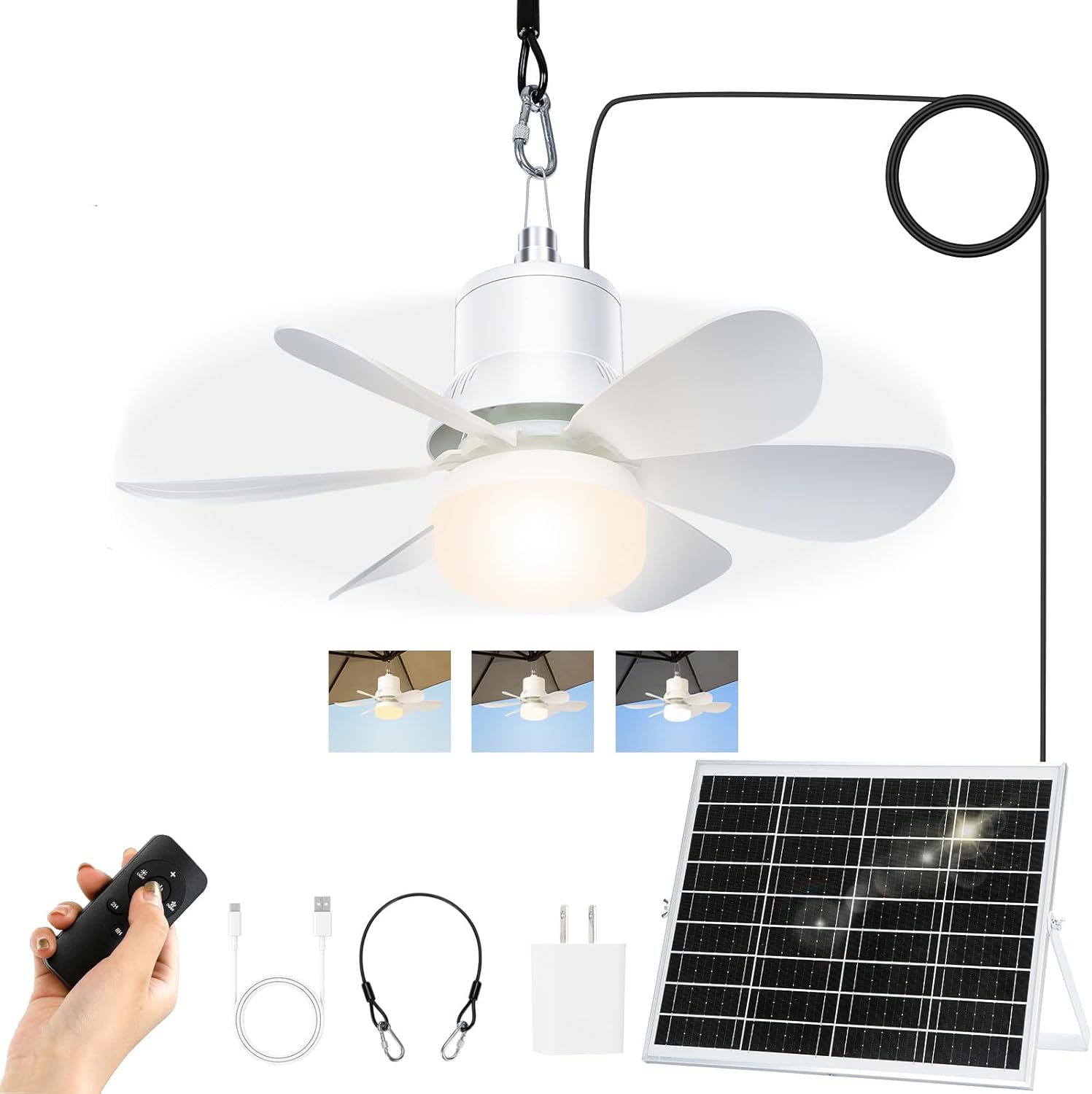 Solar Ceiling Fan Light, Portable 25W Outdoor Solar Fan with Remote Control & Battery for Gazebo, Tent, Patio, Camping, and Chicken Coop