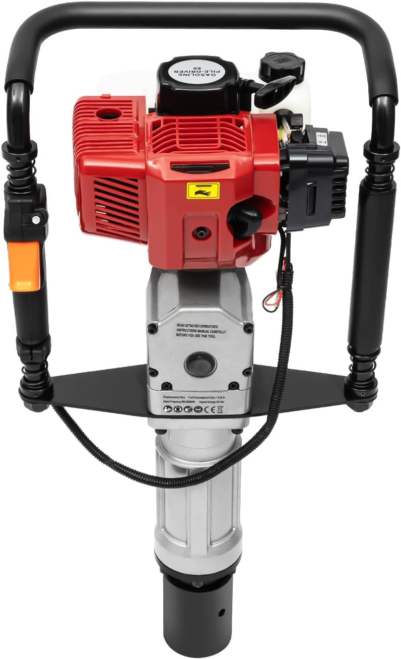 52CC T Post Driver, 1900W Post Hole Digger Gas Powered 2 Stroke Garden Fencing Tool Farm Piling Driver with 2 Post Driving Head Air Cooling, Single-Cylinder for Fences, Star Stakes