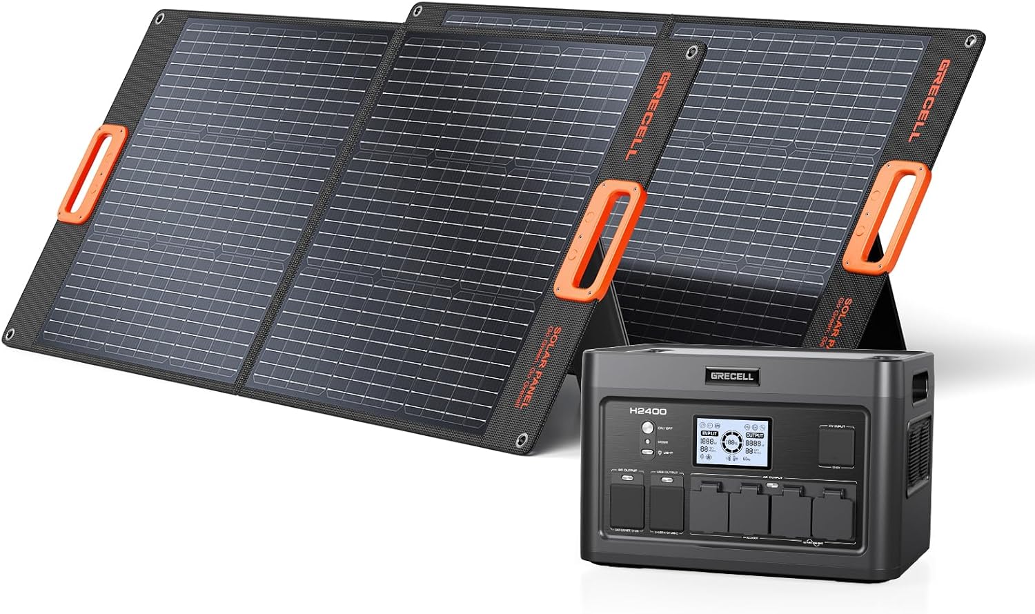 GRECELL Portable Power Station 2400W with 2*200W Foldable Solar Panel, 1843Wh LiFePO4 Solar Generator with 2 PD100W, 4 2400W AC Outlets, UPS Backup Battery for Home Emergency CPAP Outdoor Camping RV