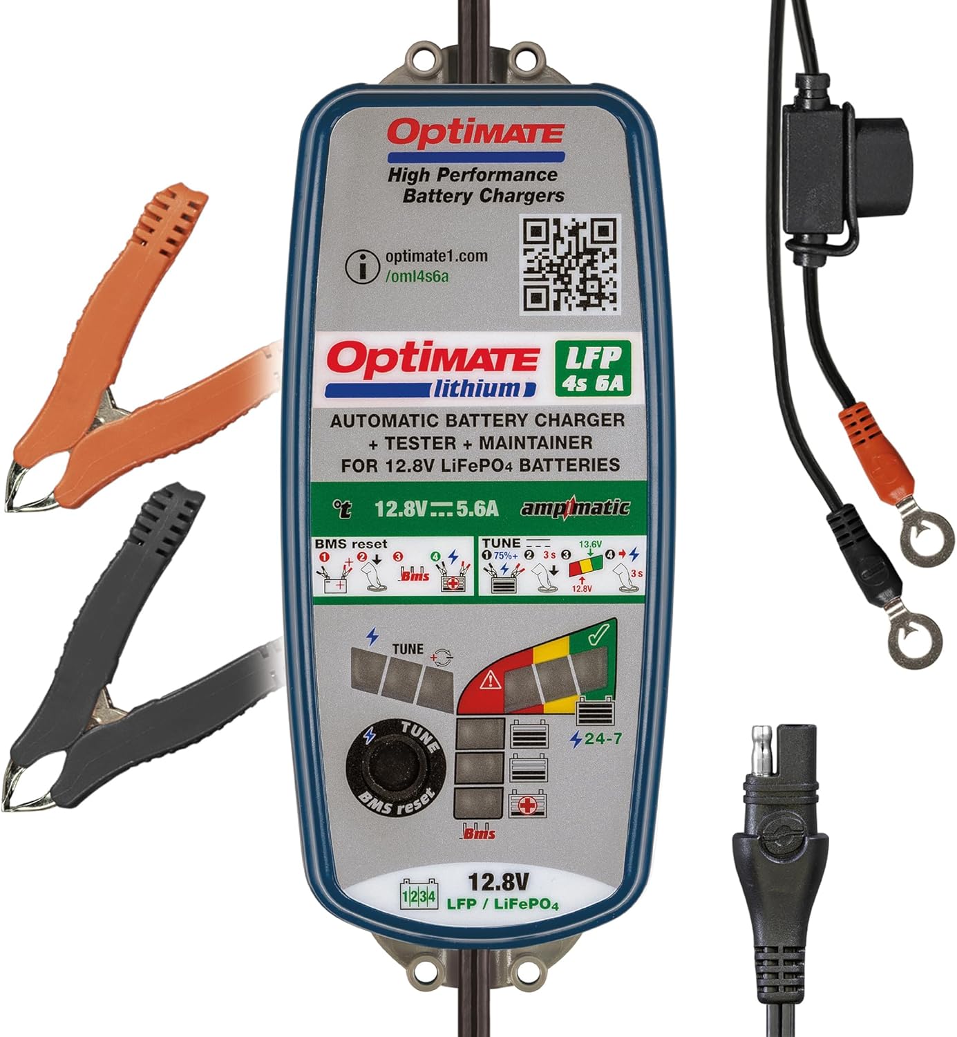 Tecmate OptiMate Lithium 4s 6A, TM391, 10-step 12.8V 6A Lithium Expert Battery Saving Charger & Maintainer, Blue/Green