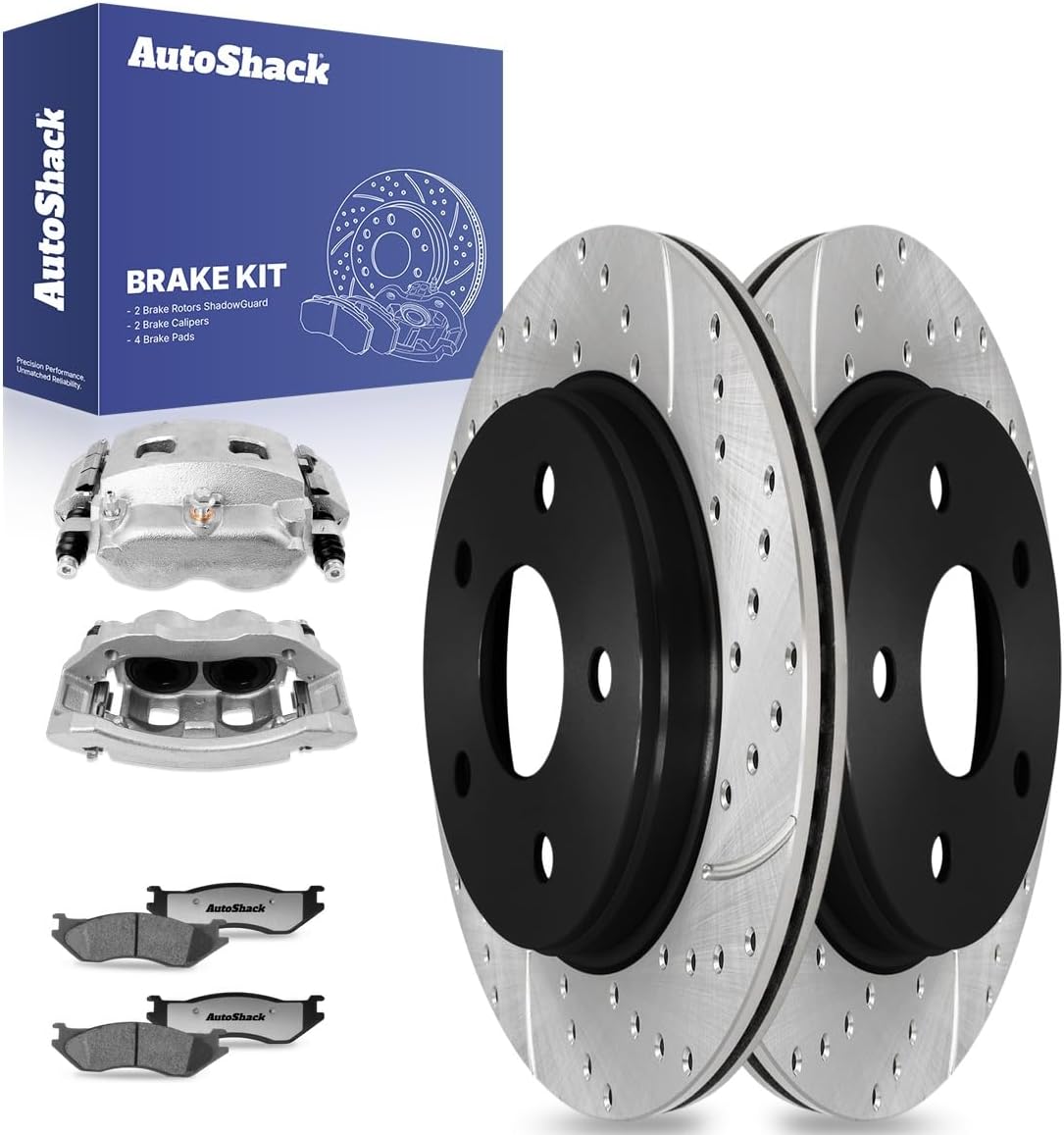 AutoShack Front Drilled & Slotted Brake Rotors Ceramic Brake Pads Calipers | Replacement for 2002-2005 Dodge Ram 1500 2004-2006 Durango 4.7L V8 4WD RWD | E-Coated | 8-PC Brake Kit | ShadowGuard