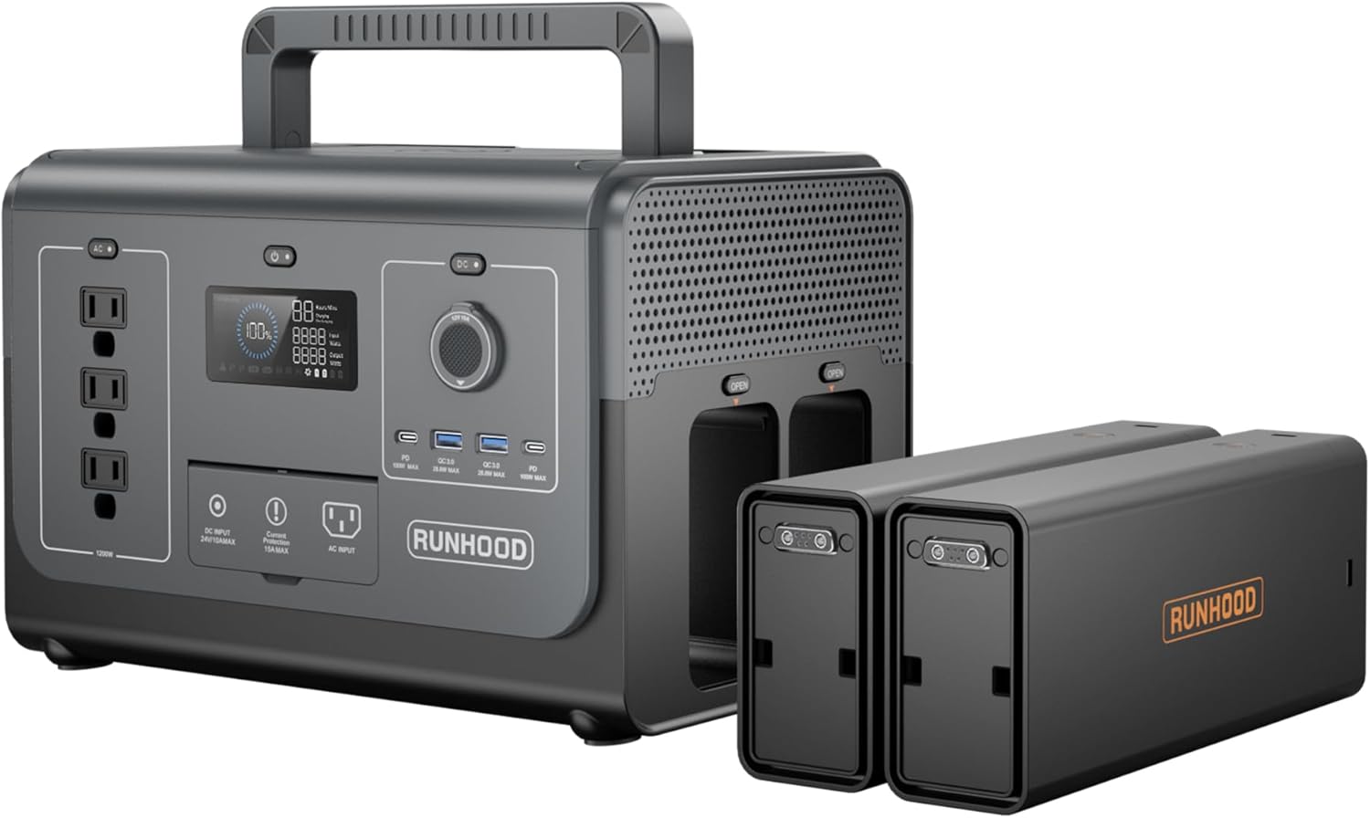 RUNHOOD Solar Generator Rallye 1200 Pro, 1296Wh Portable Power Station Swappable&Replaceable Batteries, 3X1200W(Peak 2400W) Pure Sine Wave AC Qiuck Restore Power for Outdoors Camping/RVs/CPAP/HomeUse