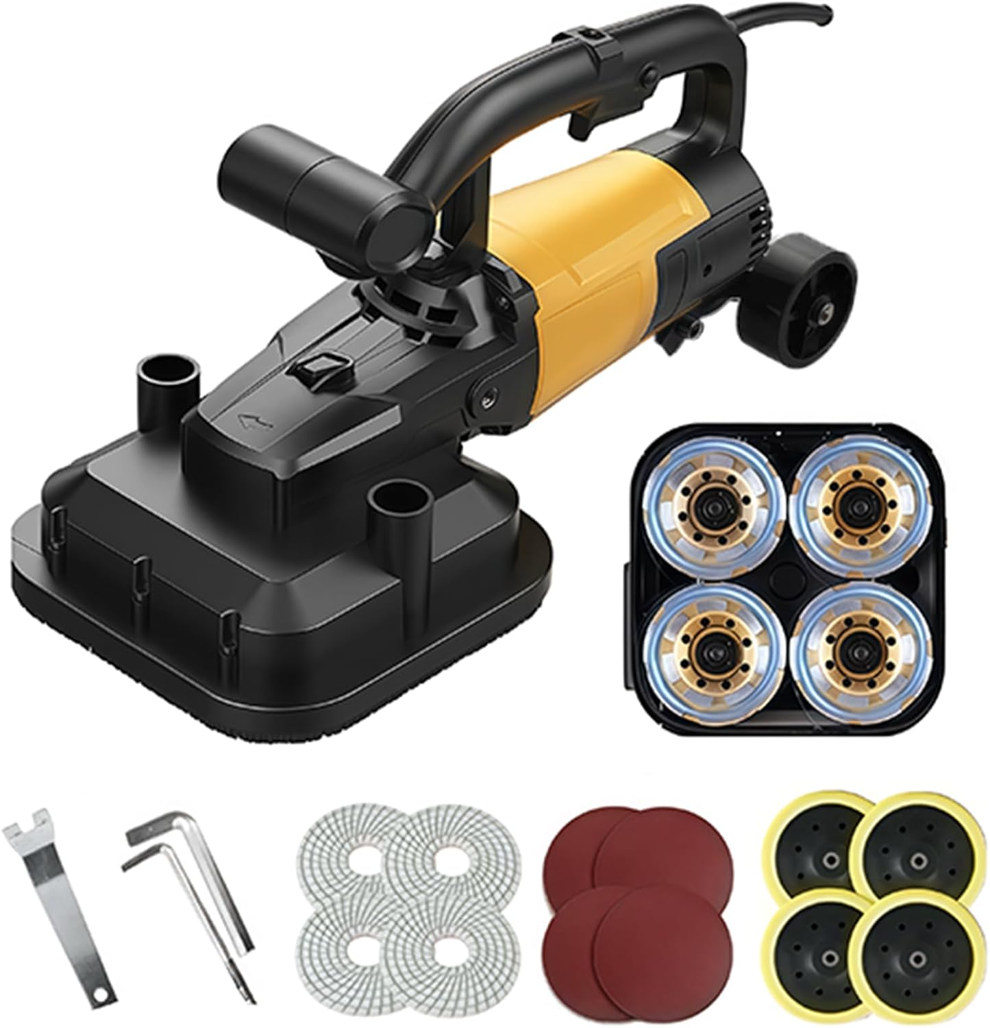 Concrete Surface Grinder Machine 4-Head 4 inch with Dust Extraction Shroud and Diamond Grinding Wheel for Grinding Concrete Cement Marble Granite 3800W 0-6000RPM
