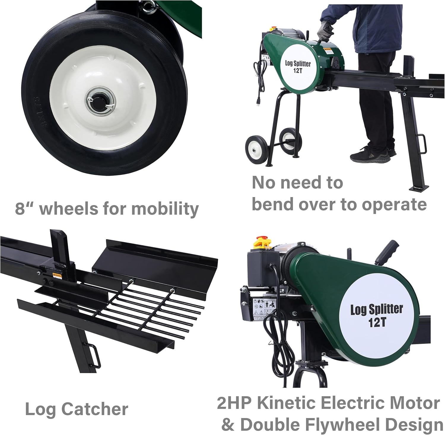 Electric Log Splitter Kinetic 12 Ton, Flywheel Wood Cutter with 2HP Motor, Ø15 Log Capacity, with Log Catcher and 8