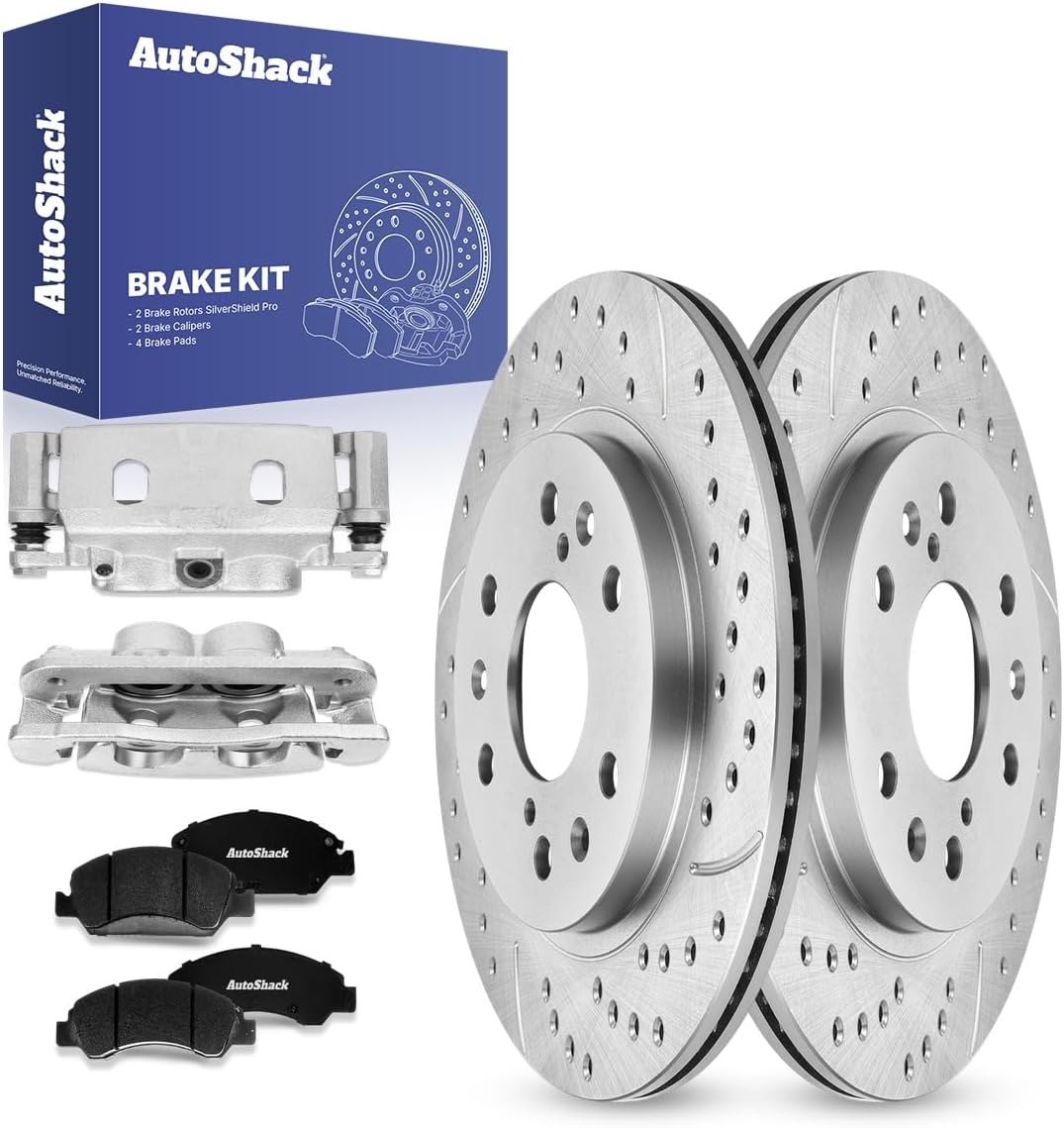 AutoShack Front Drilled & Slotted Brake Rotors Premium Ceramic Brake Pads Calipers | Replacement for 2005-2008 Chevrolet Silverado 1500 | Silver Zinc Coated | 8-PC Brake Kit | SilverShield Pro