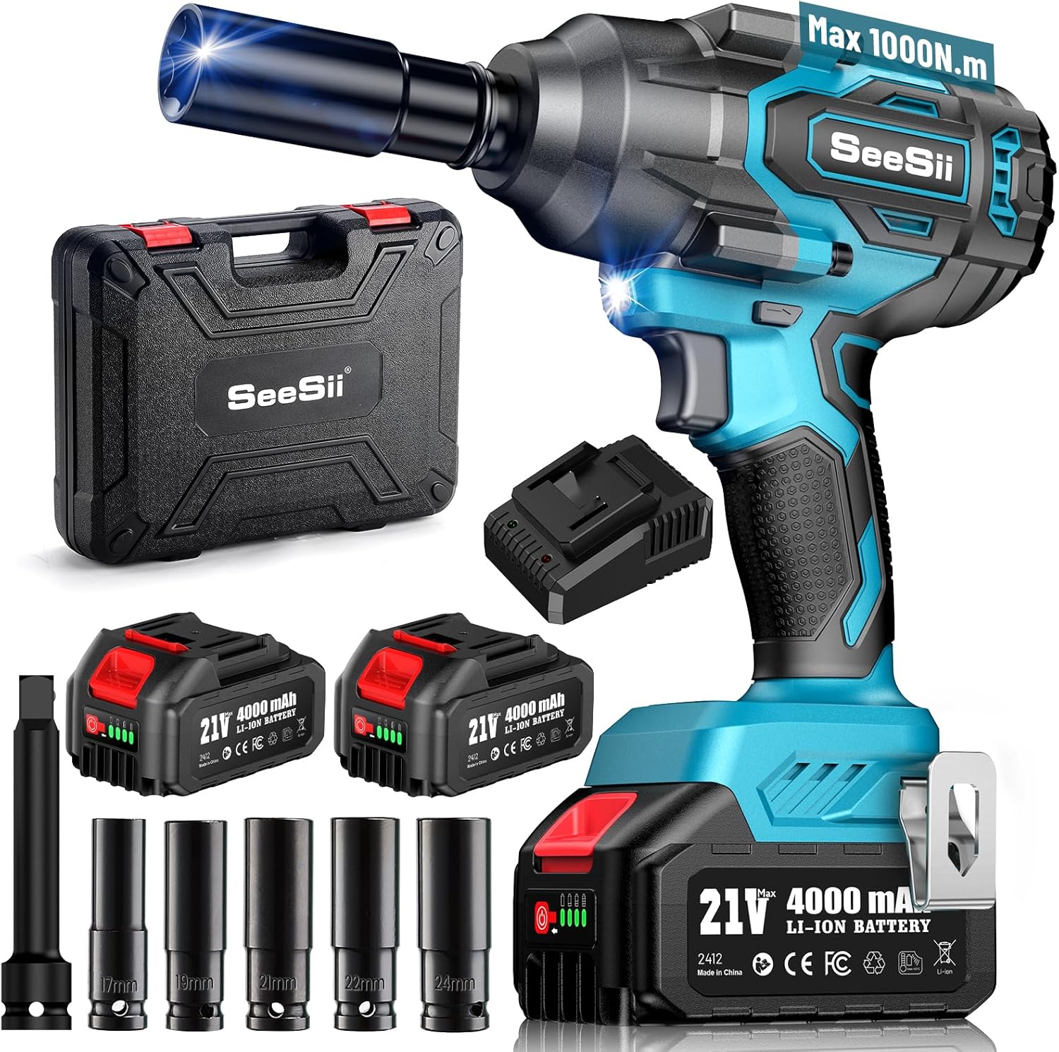 Seesii 1000N.m (738ft-lbs) Cordless Impact Wrench High Torque,1/2