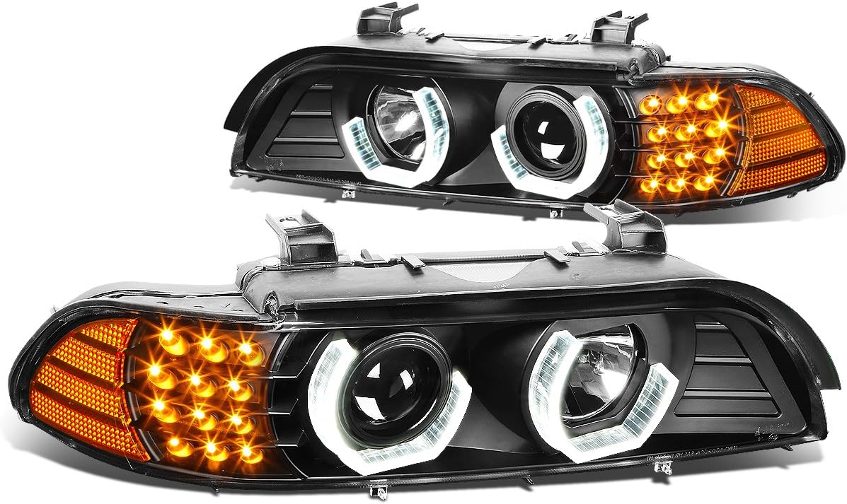 Auto Dynasty Halogen Model 3D Crystal Halo Projector Headlight Lamps with LED Turn Signal Compatible with BMW 5-Series E39 M5 96-03, Driver and Passenger Side, Black Housing Clear Lens