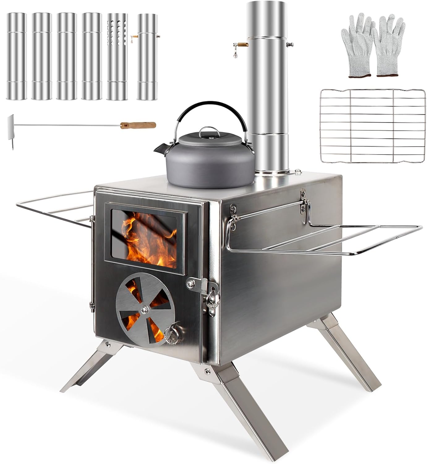 Camping Stove for Hot Tents, LAMA 304 Stainless Steel Wood Burning Stove with Stainless Wall Chimney Pipes for Tents, Shelter, Outdoor Portable Stove for Camping Heating and Cooking