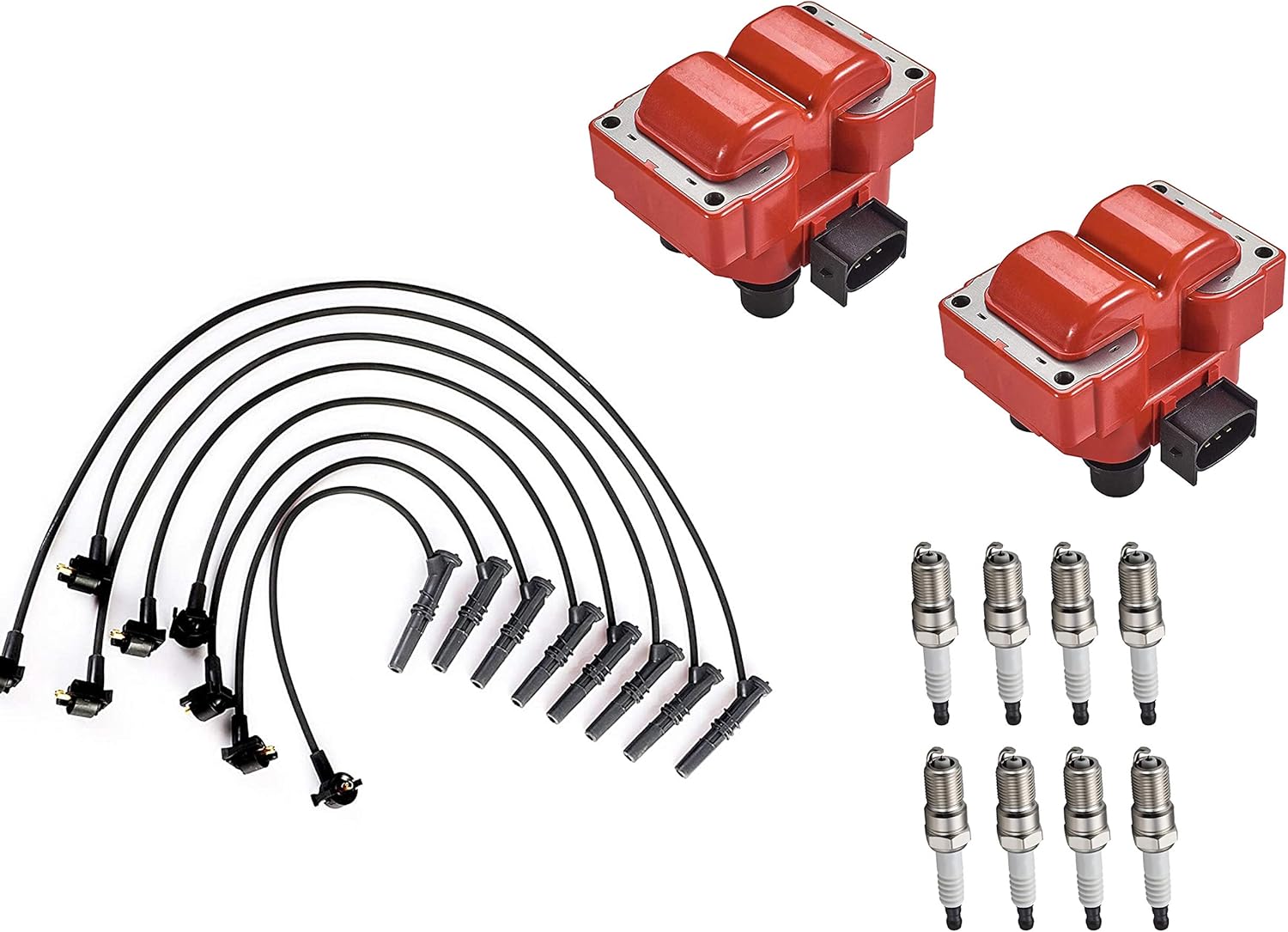 ENA Set of 2 Energy Ignition Coil with 8 Platinum Spark Plug and Wire Set Compatible with Ford Lincoln 1997 1998 1999 F-150 1996-1997 Town Car 4.6L Replacement for FD487