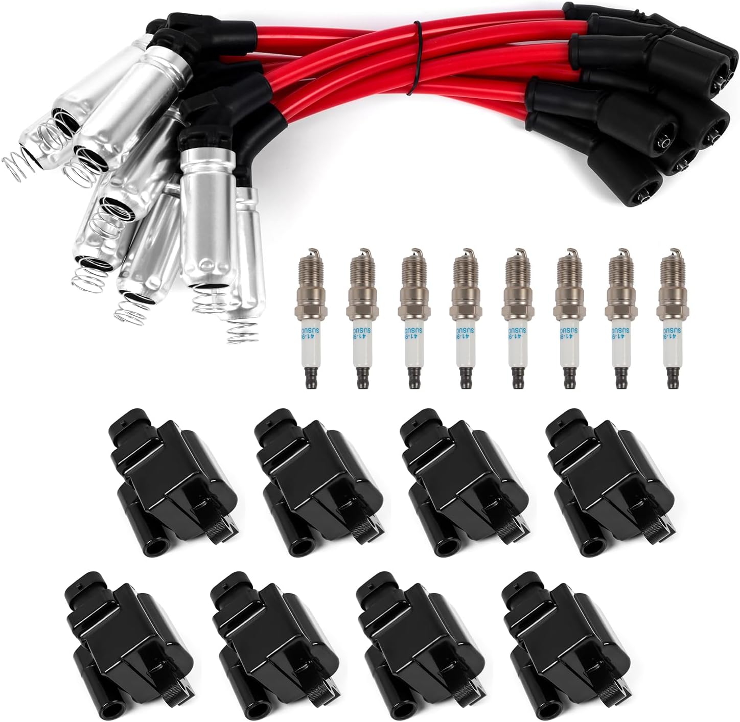 Spark Plugs & Spark Plug Wires with Square Ignition Coil Set of 8, Fit for Chevy Silverado/Tahoe, GMC Sierra/Yukon/Savana, Hummer H2, Cadillac (4.8L 5.3L 6.0L 8.1L) - Replaces D581, UF271, 41-962
