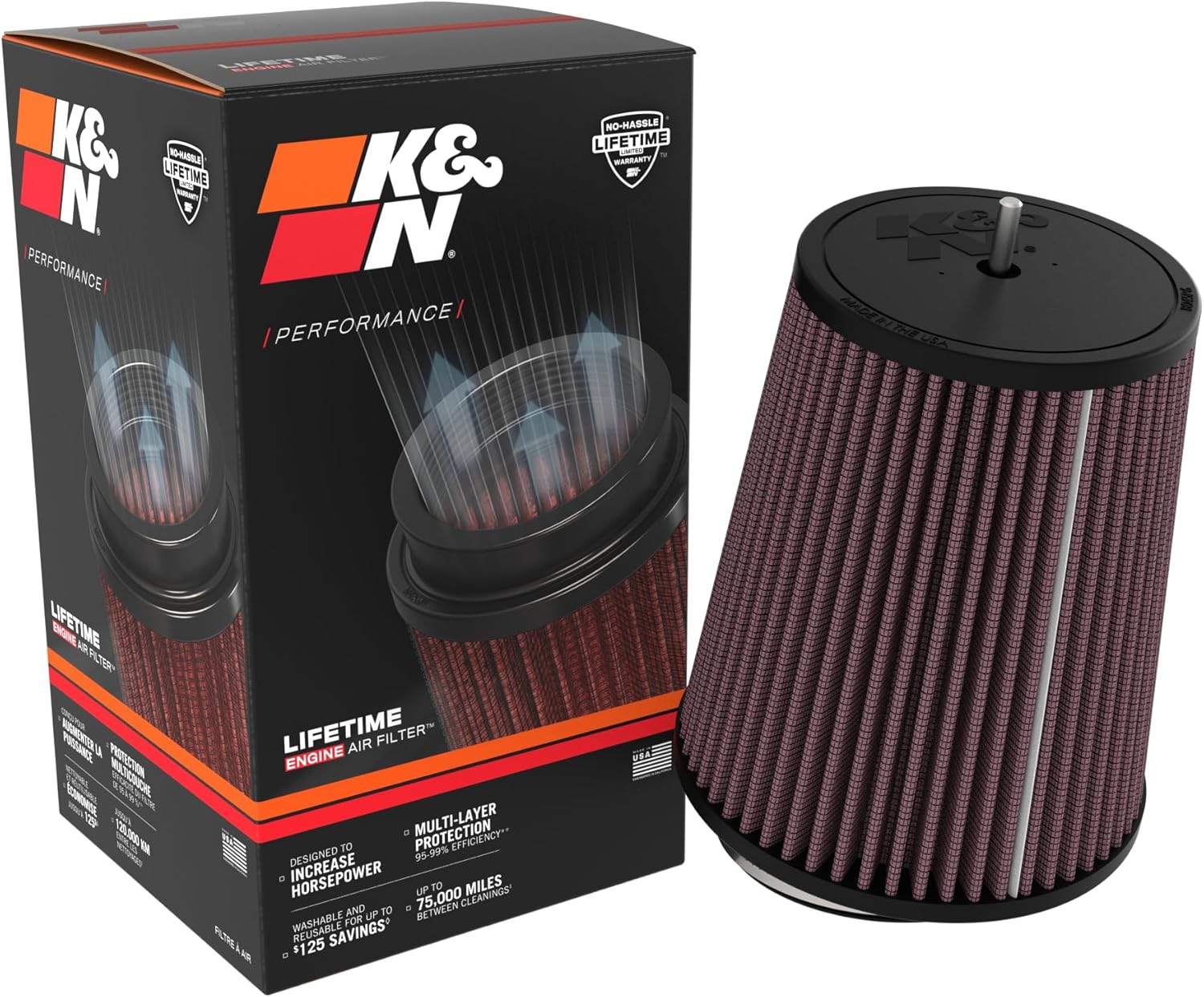 K&N High-Flow Original Lifetime Universal Clamp-On Filter: High Performance, Premium, Washable: Flange Diameter: 3.5 In, Filter Height: 7 In, Flange Length: 1.75 In, Shape: Round Tapered, RU-3520