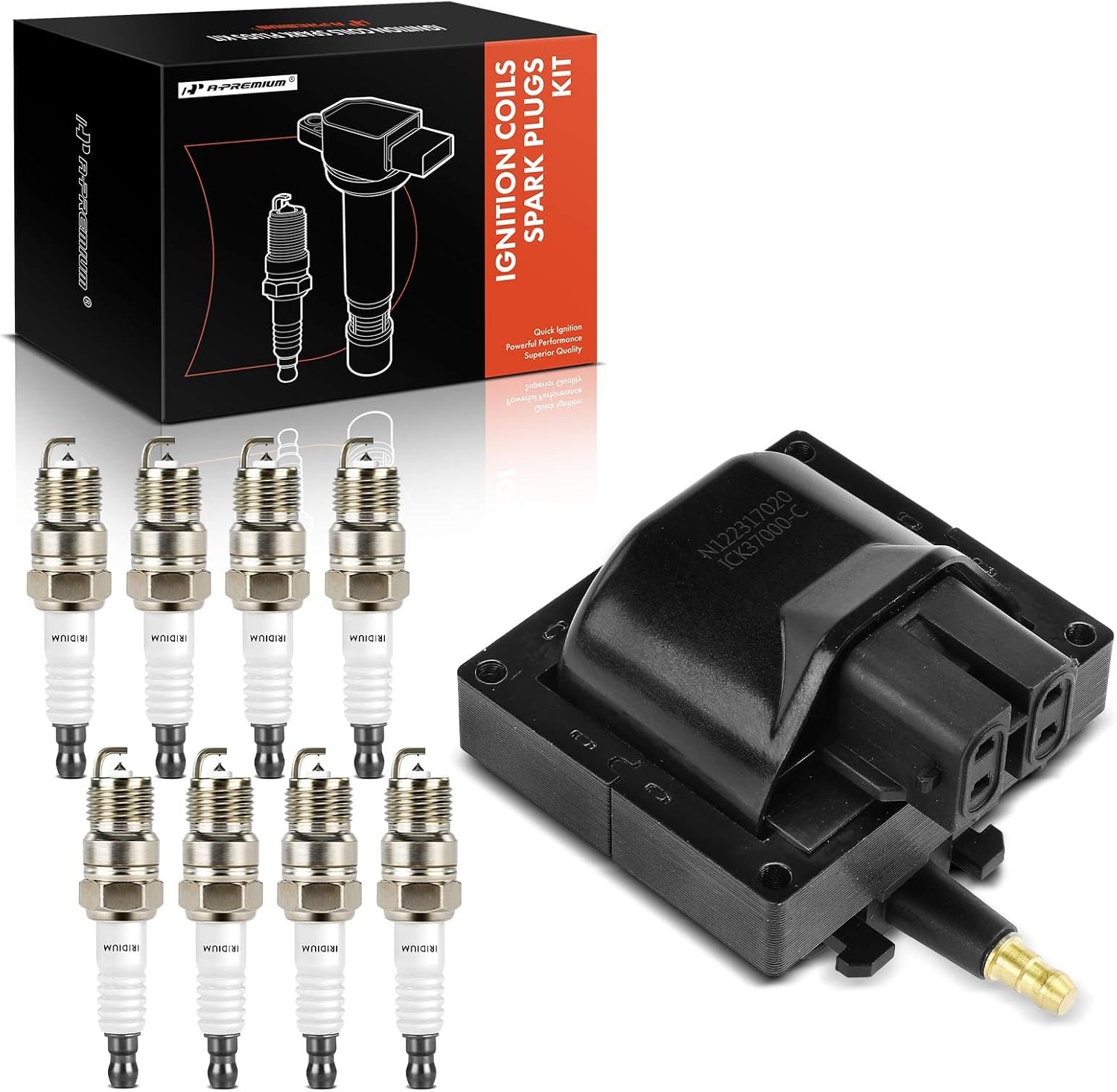 A-Premium 1x Ignition Coil Pack and 8x Iridium Spark Plugs Compatible with Chevrolet Tahoe, Camaro & GMC Yukon & AM General Hummer & Buick Commercial Chassis & Cadillac Brougham & Pontiac Firebird